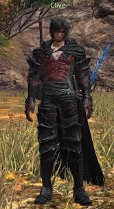 the image shows a full body view of the video game character clive from final fantasy xvi. he is standing outdoors, surrounded by grass and trees. he is wearing dark armor with a red and black torso piece. a long sword is strapped to his back and a blue energy sword is attached to his right arm. he has a black cloak draped over his shoulders. the name "clive" appears above his head.