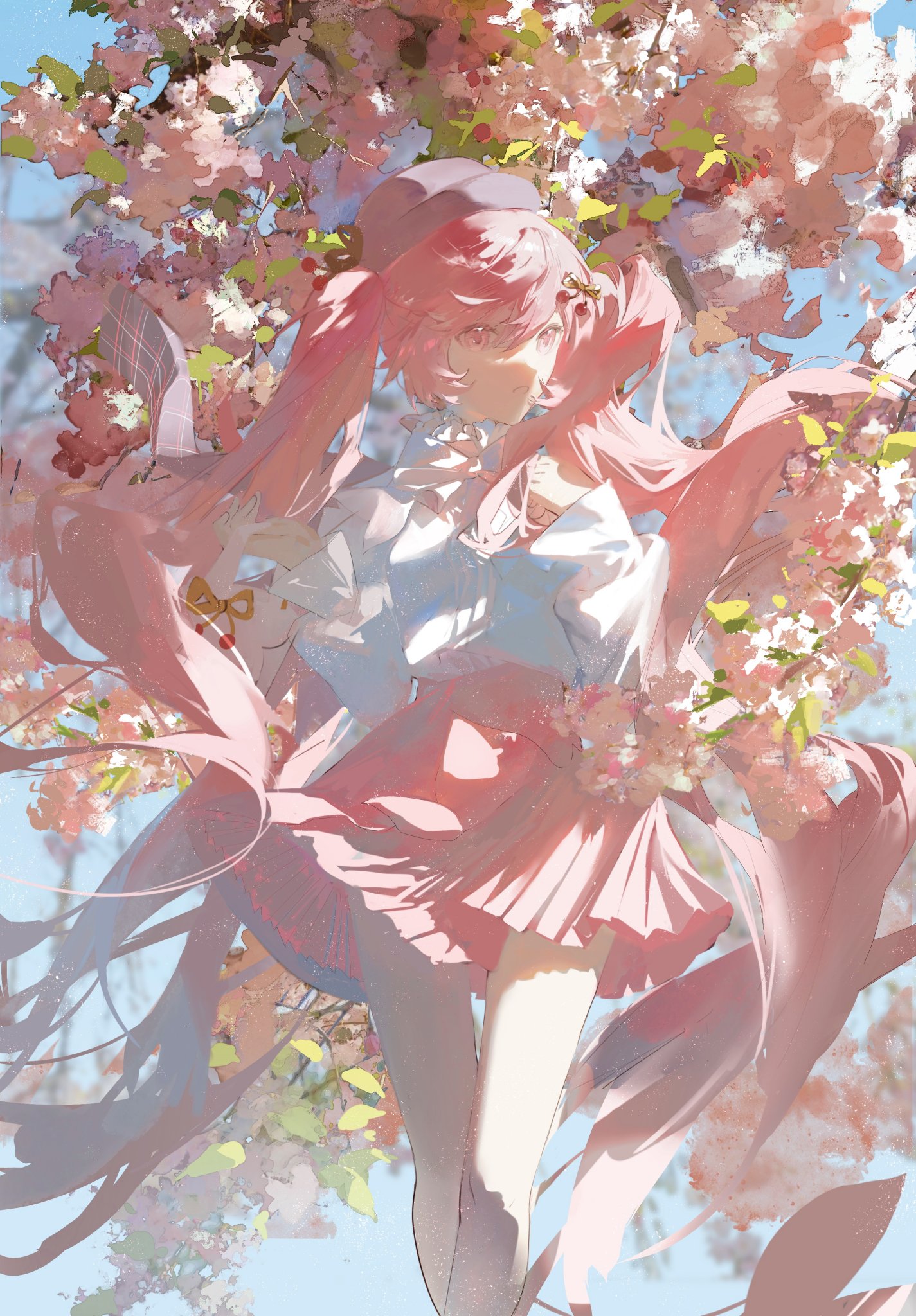 the image depicts a young anime girl with long, flowing pink twintails. she's wearing a pink pleated skirt and a loose white shirt, along with a pink beret. the girl is positioned amidst a vibrant array of blooming pink cherry blossoms, creating a soft, ethereal atmosphere.  the art style is characterized by pastel hues, delicate lines, and a dreamlike quality, with the girl and the blossoms appearing almost to blend together.  the overall impression is one of springtime, femininity, and gentle magic. the style leans towards a softer, dreamier approach to anime illustration.