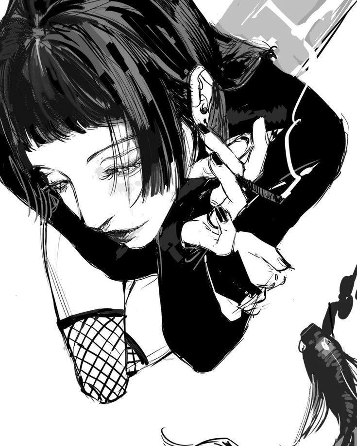the image is a striking monochrome illustration, possibly anime or mangainspired, depicting a young woman with dark hair styled in blunt bangs. she is dressed in dark clothing, including what appears to be fishnet stockings and has noticeable piercings. her pose is dramatic, her hands close to her face, conveying an intense or brooding emotion.  the style is expressive and detailed, with a mix of sharp lines and softer shading. the background features hints of a design element and a fish (possibly a koi) suggesting a symbolic or thematic context.  the overall mood is dark and edgy, yet artistic and compelling.