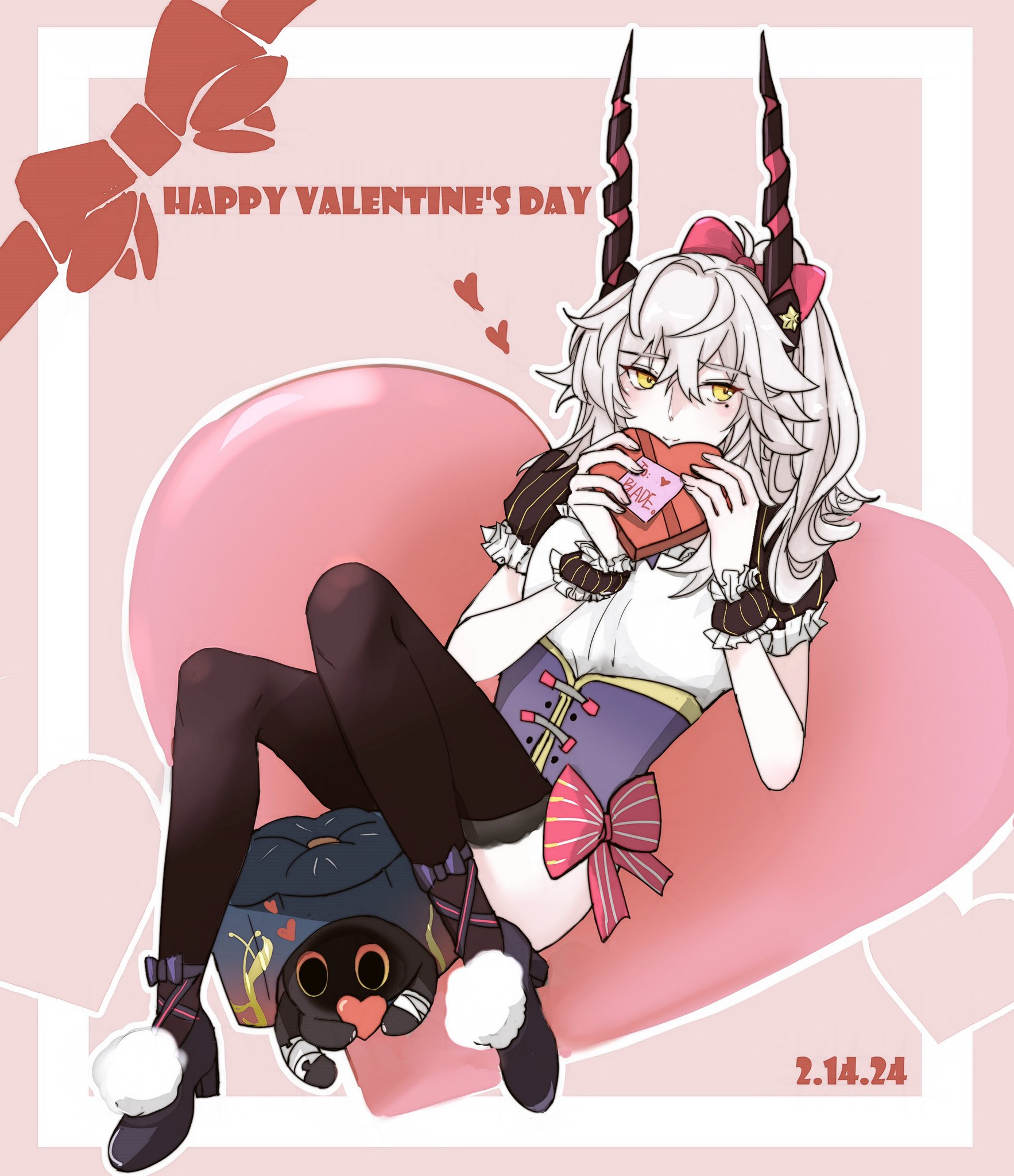 this is a digital drawing of an anime girl with white hair, red bow, and red horns. she is sitting on a heartshaped cushion, holding a box of chocolate. the image is set in a romantic valentine's day theme. the girl is looking at the viewer with a sweet expression. the drawing style is cute and colorful.