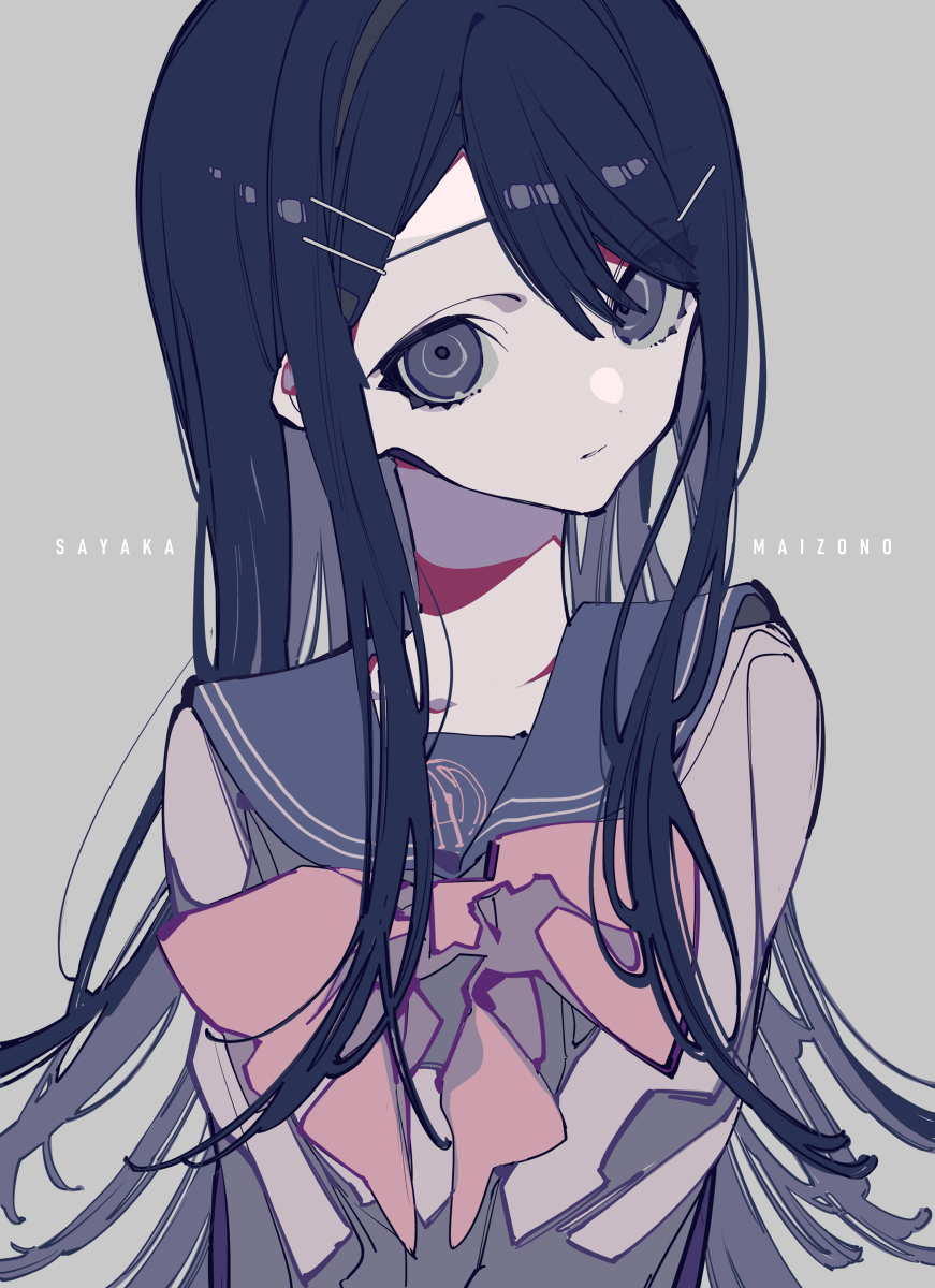 a portrait of sayaka maizono, an anime girl with long, dark blue hair and large, detailed eyes. she is wearing a school uniform with a pink bow. the background is a plain grey. her name "sayaka maizono" appears on either side of her.