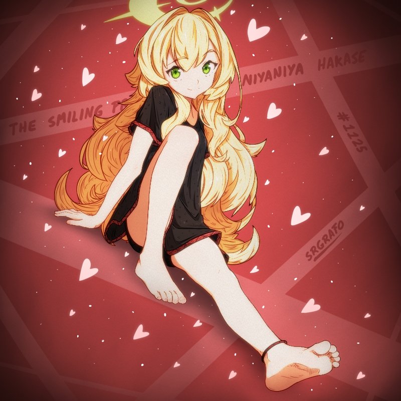 the image is a digital illustration of an animestyle girl with long, flowing blonde hair. she is sitting barefoot on a red background adorned with small pink hearts. she's wearing a simple black pajamalike top and bottom.  her expression is sweet and relaxed, and she has green eyes. the background also includes text, possibly referencing the artist or character name ("niyaniya hakase," "#1125," and "srgrato"). the overall style is cute and soft, with a slightly dreamy or whimsical feel. the artist's name or handle may be included as well.  the overall impression is one of calmness and affection.