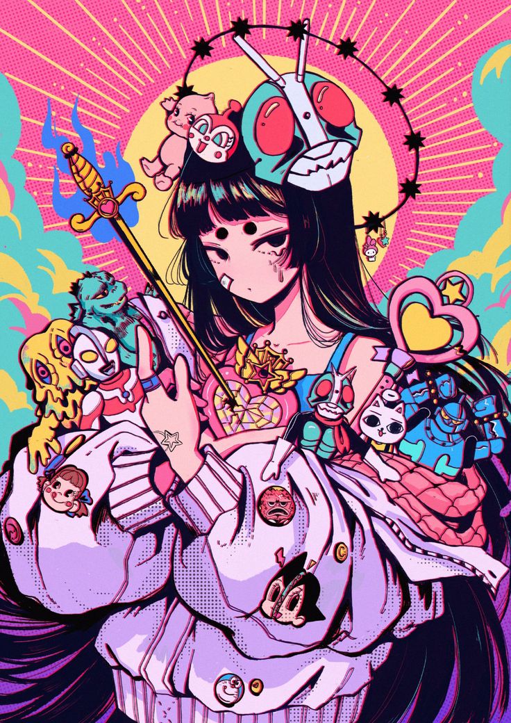 the illustration features an anime girl character, with long black hair, wearing a purple jacket and a red hat. her eyes are closed, and her facial expression is  relaxed and cheerful. the girl's  outfit is adorned with various cute patches and pins, including hearts, stars, and anime characters. the background is a vibrant mix of pink, blue, and yellow.