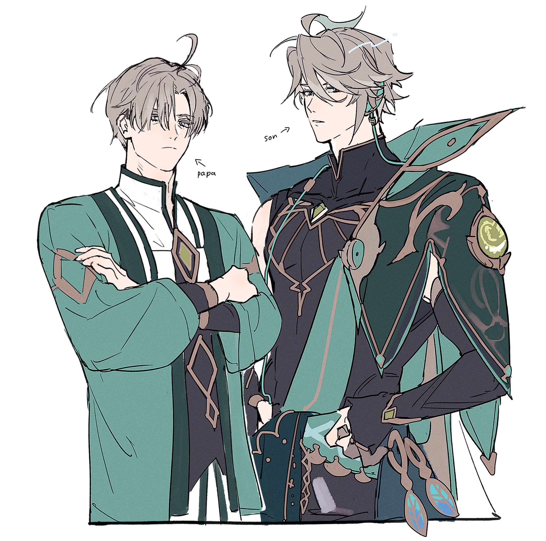 a drawing of two men in anime style, the one on the left looks older and is wearing a green jacket, while the one on the right looks younger and is wearing an outfit with a long green cape.