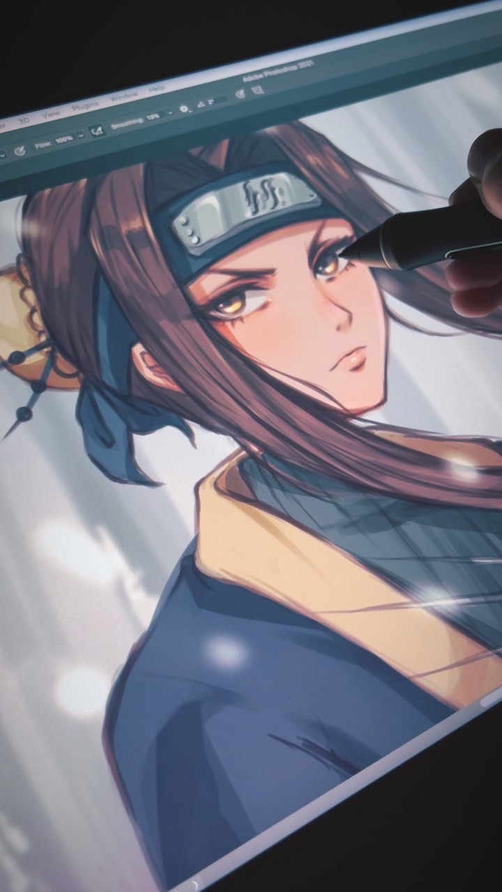 closeup view of a digital artist's hand using a stylus to create an animestyle illustration of a young woman on a graphic tablet. the woman in the drawing has long brown hair, a headband, and a serious expression. the art style is reminiscent of manga or anime, with soft colors and detailed features. the image shows the digital art process in progress, with the artist's hand visible near the stylus. the graphic tablet screen clearly shows the software interface and the partially complete illustration.  the overall aesthetic is one of artistic creativity and concentration.