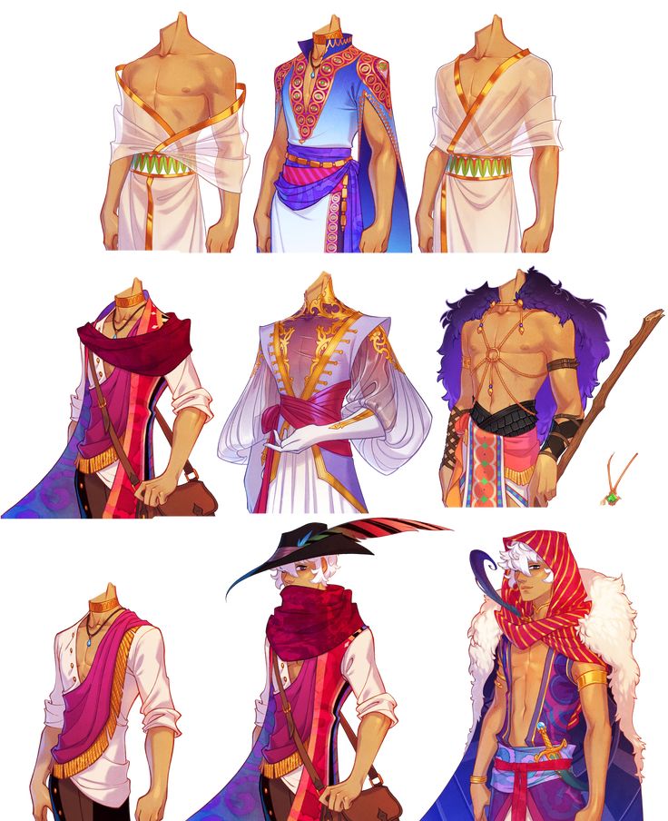 this is a digital art piece, that is showing different character designs with a fantasy, middle eastern theme. each character has a unique combination of fabrics, colors, and styles, creating a diverse and interesting visual experience. the characters are illustrated in detail, showing their clothing and accessories, which seem to be based on traditional middle eastern designs.
