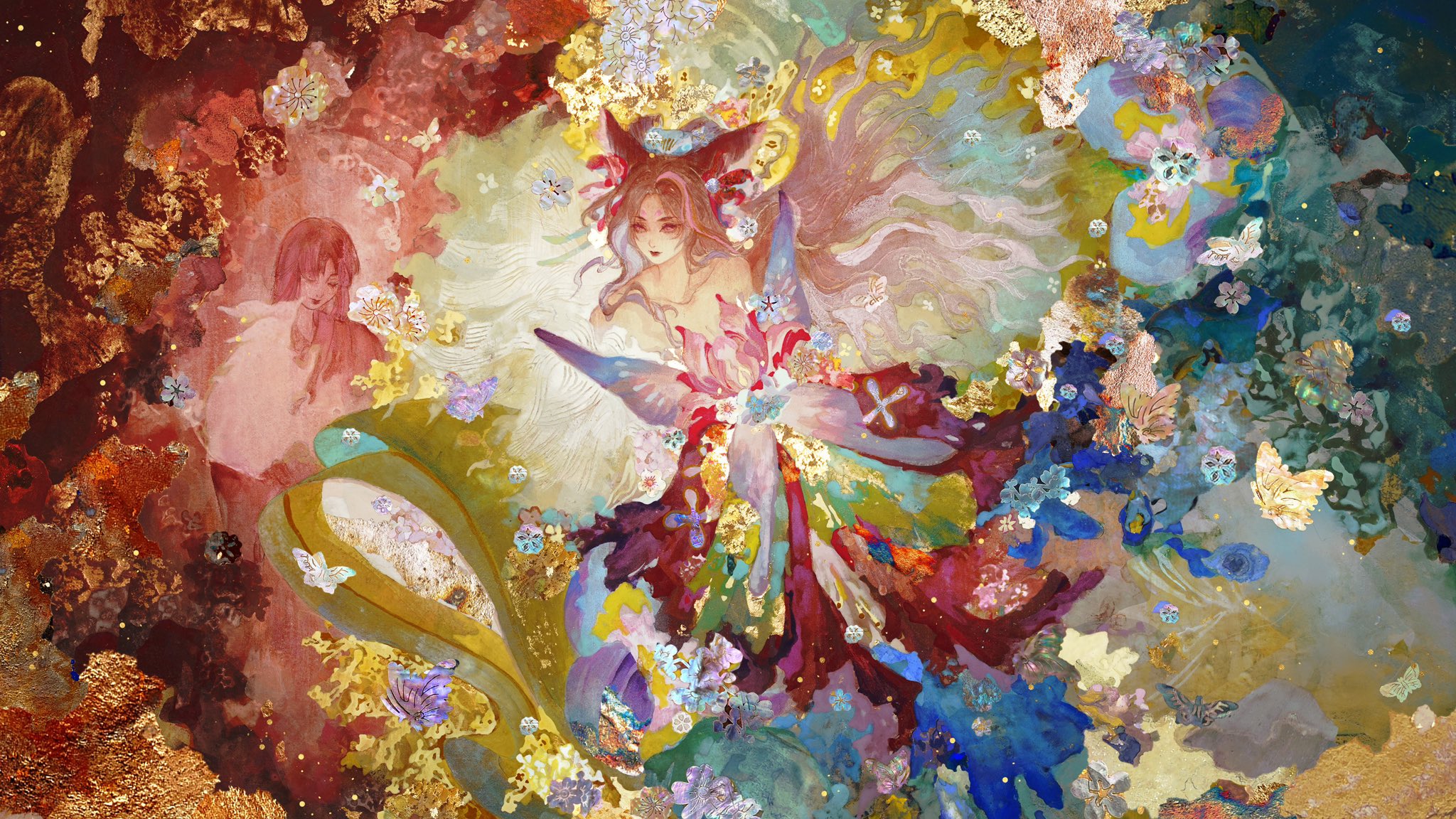 the image is a vibrant and ethereal digital painting of a woman with long flowing hair and foxlike ears. she is adorned with intricate clothing and surrounded by celestial and floral elements, creating a dreamlike and cosmic atmosphere. the color palette is rich and varied, with warm reds, oranges, and golds blending into cool blues and purples.  the overall effect is one of magic and wonder.