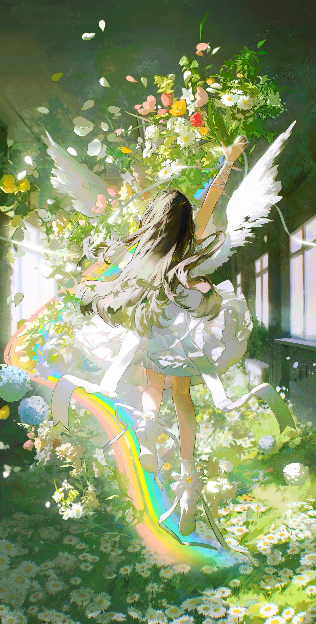 he image is a digital painting or illustration of an animestyle girl with angel wings. she is wearing a white dress and has long, flowing brown hair. she is surrounded by a profusion of colorful flowers, primarily daisies, and a vibrant rainbow seems to emanate from her and the flowers. the setting appears to be outdoors, perhaps a garden, with a partially visible building in the background. the overall style is ethereal and dreamlike, with a soft, pastel color palette and a focus on light and movement. the girl appears joyful and peaceful, as if floating among the flowers. the image is rich in detail and has a whimsical, magical quality.