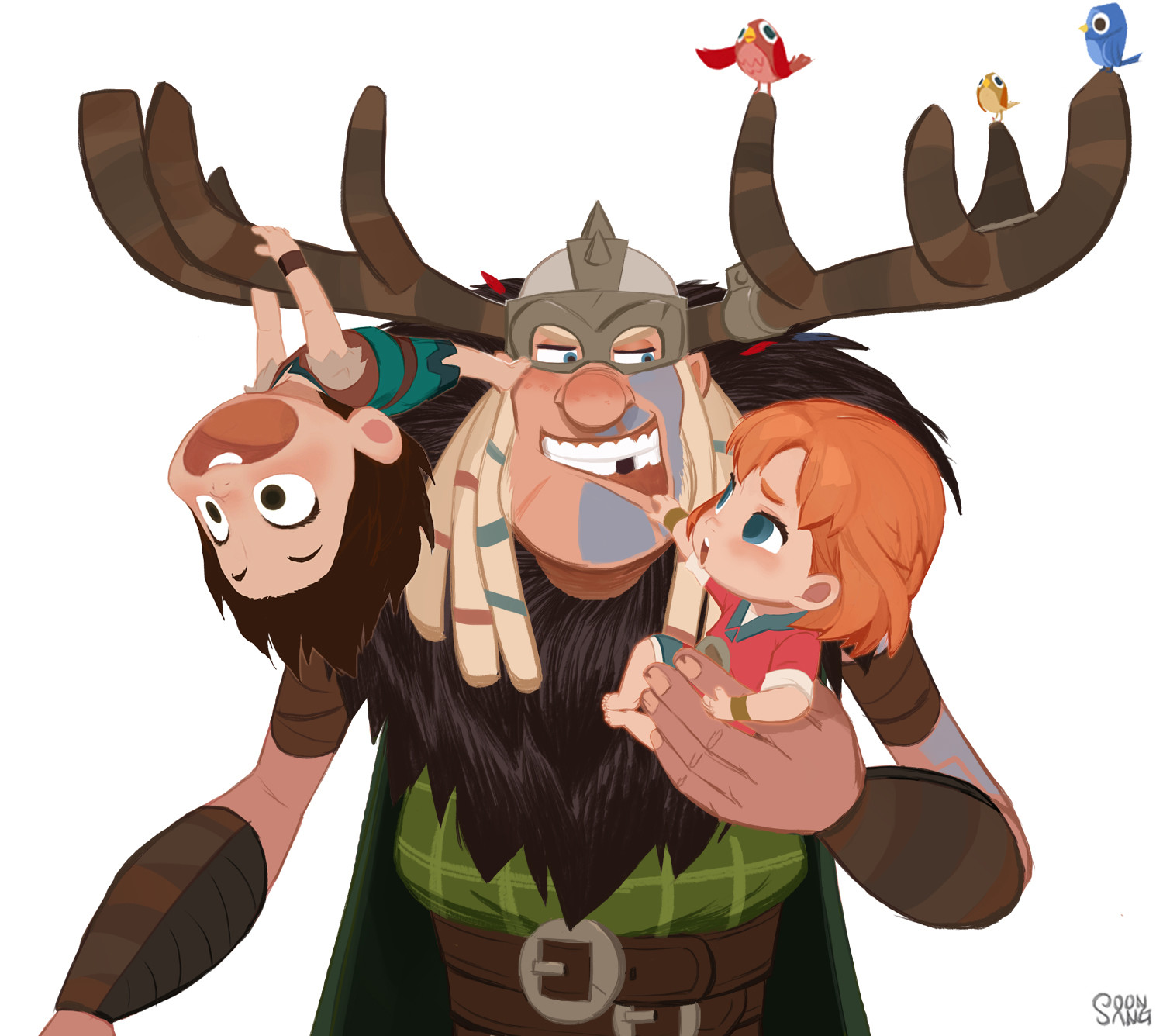 a cheerful viking with large antlers is depicted holding two young children, a boy hanging upside down and a girl cradled in his arm. the scene suggests a playful and loving family bond.