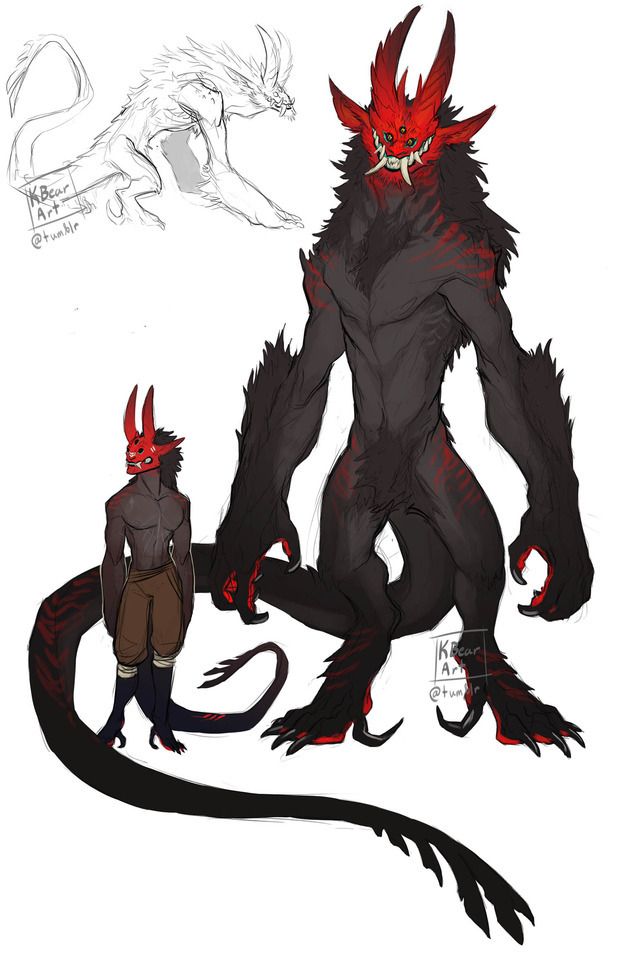the image features three monsterlike creatures, drawn in a sketchy style. the first creature is a white dragon with a long tail and four legs, drawn in a lighter, more detailed sketch. the second is a large, humanoid demonlike creature with black fur, red horns, and four legs, with a more textured, darker sketch. the third is a smaller humanoid creature with a black, spiky tail, black legs, and a red, spiky mask, which is also drawn in a more textured, darker sketch. the creatures are drawn in a dynamic pose, and the composition is very engaging. the image evokes a sense of fantasy and danger.