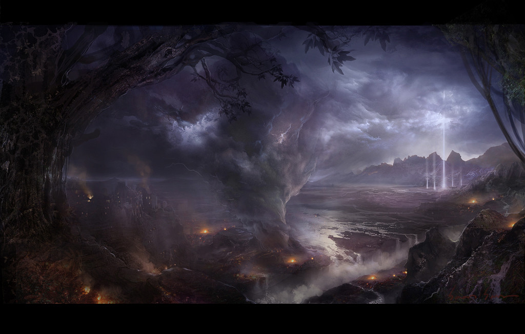 this is a fantasy landscape scene depicting a stormy, mountainous environment. a large, gnarled tree dominates the foreground on the left, its branches reaching out into the stormy sky. the middle ground shows a river flowing through a valley, with ruins and flickering fires scattered throughout the landscape. lightning strikes illuminate the distant mountains and a mysterious, ethereal glow emanates from the valley. the overall atmosphere is dark, dramatic, and mysterious.