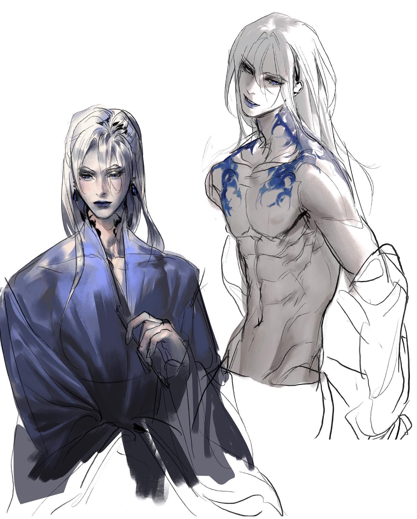 the image showcases two sketches of the same fictional male character.  both are depicted with striking white hair and dark, captivating eyes. one sketch features him in a flowing blue robe, exuding an air of mystery and elegance. the other sketch reveals his muscular physique, adorned with intricate blue tattoos across his chest and shoulder. the overall style is ethereal and androgynous, highlighting the character's beauty and otherworldly presence.