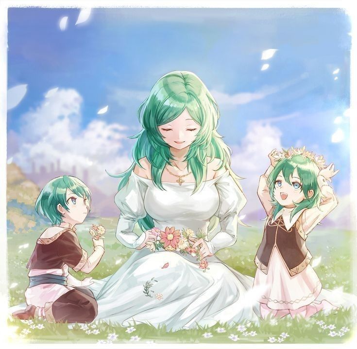a beautiful digital illustration in the style of anime depicts a serene scene of a mother and her two children in a field of flowers. the mother, with flowing emerald green hair, wears a long white dress and is creating a flower crown. her daughter, also with green hair, happily wears a flower crown and smiles brightly. her son, to the left, also has green hair, and is holding a small bunch of flowers. the scene is peaceful and heartwarming, evoking feelings of family and happiness. the background features a clear blue sky, fluffy clouds, and a picturesque landscape. the overall style is delicate and dreamy. the artwork likely originates from fanart inspired by the fire emblem: three houses game, specifically referencing the character sothis.