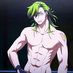 a shirtless, muscular anime man with bright green hair. he has a confident smirk on his face and a pink and yellow butterfly tattoo on his left shoulder.  the background is a dark blue color.
