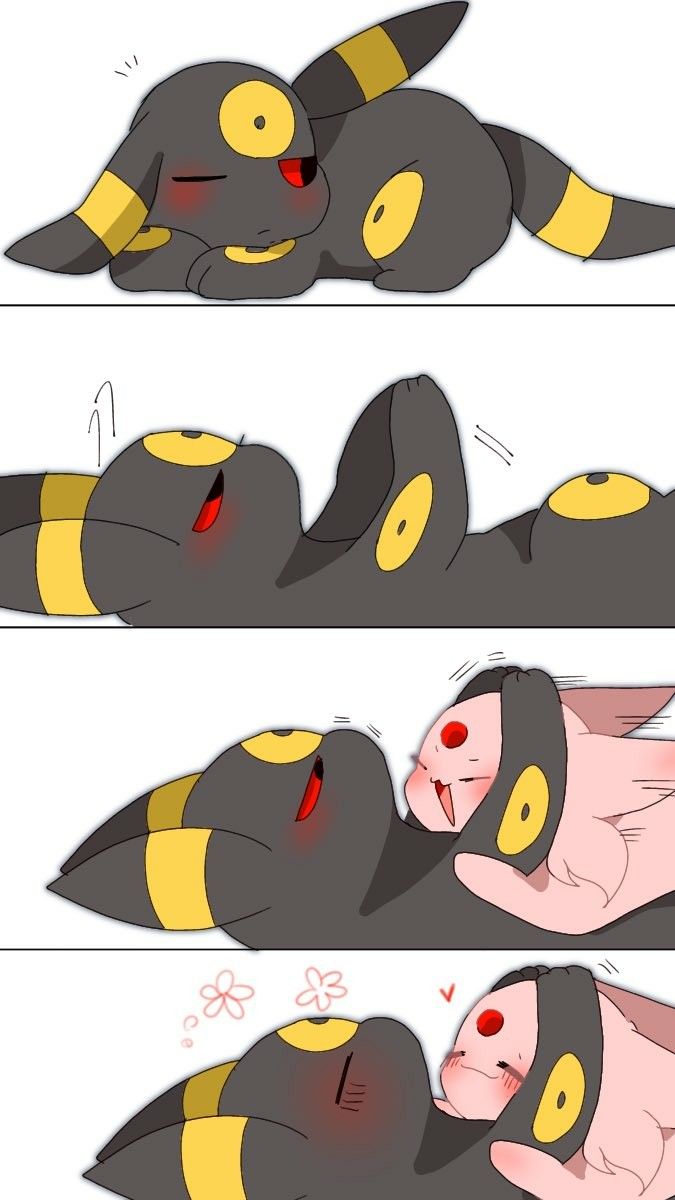 the image is a fourpanel comicstyle illustration featuring chibi versions of umbreon and eevee pokémon.  the first panel shows a umbreon lying down, appearing slightly shy or embarrassed (indicated by blush). subsequent panels depict a playful interaction between the two, with the umbreon seemingly enjoying the company of eevee. the style is very cute and emphasizes the characters' soft features and endearing interactions. there's a clear progression of affection throughout the comic.  the art is clean and simple, in a style common to anime and manga fanart.