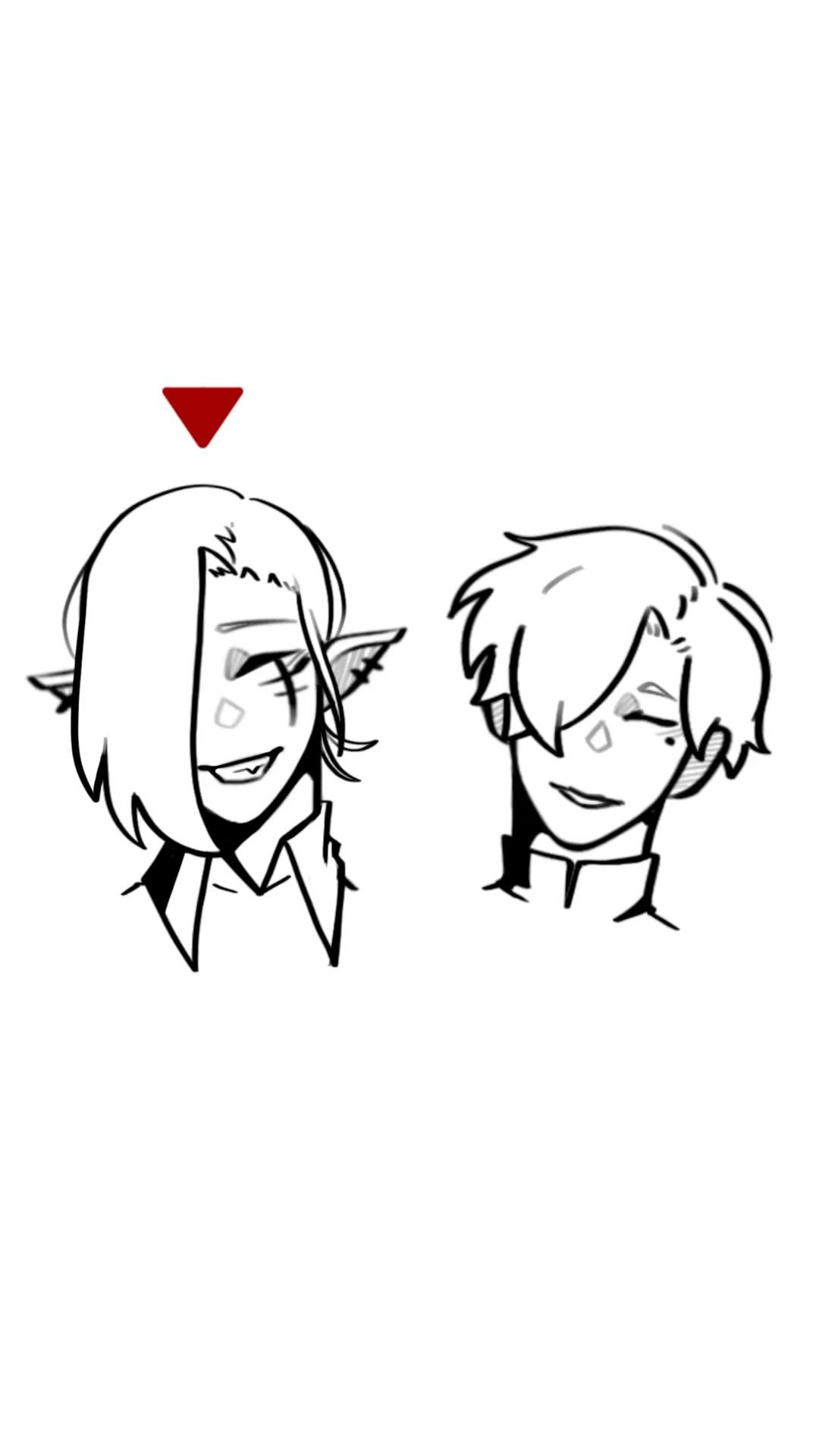 the image contains two line drawings of stylized characters, possibly anime or manga inspired.  one character has long hair and pointed ears, suggesting an elflike creature. the other character has short hair. both characters have similar facial features, with simple lines defining eyes, nose, and mouth. the style is minimalist and cute, using only black lines on a white background. a small red triangle is positioned above the first character.