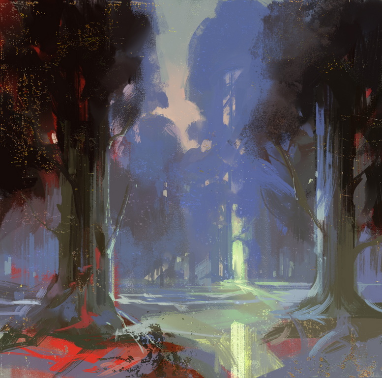 a digital painting of a forest path with a clearing in the distance. the forest is painted in shades of blue, green, and brown. the path is illuminated by a soft light, creating a sense of mystery and wonder.