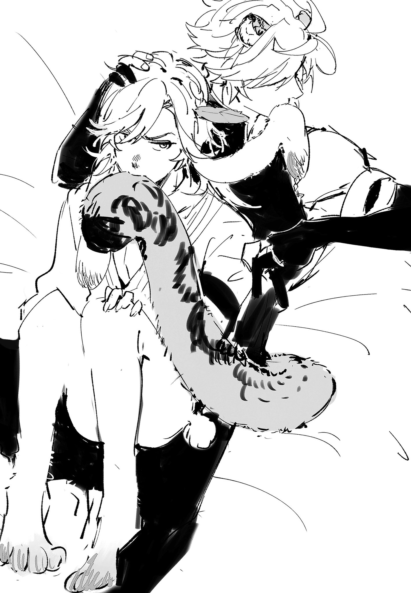a black and white drawing of two anime girls. one is holding the other in a hug and they both have a furry tail.  they are smiling and it looks like they are happy to be together.