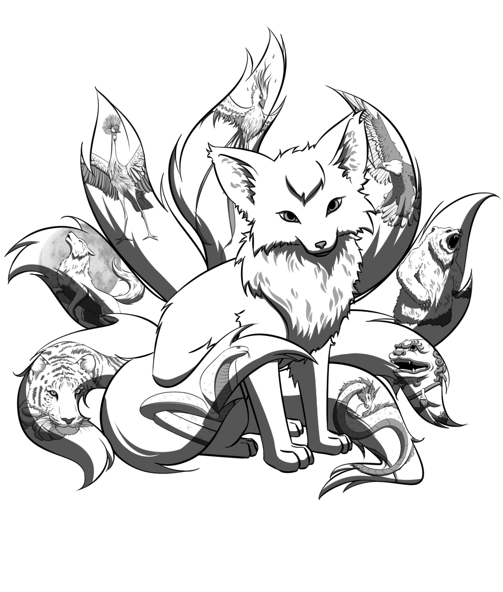 the illustration depicts a kitsune, a ninetailed fox from japanese mythology, sitting in a side view. each tail features a different animal, including a crane, an eagle, a bear, a lizard, a tiger, a snake, and a wolf. the style is black and white with varying shades of gray to create depth and texture.