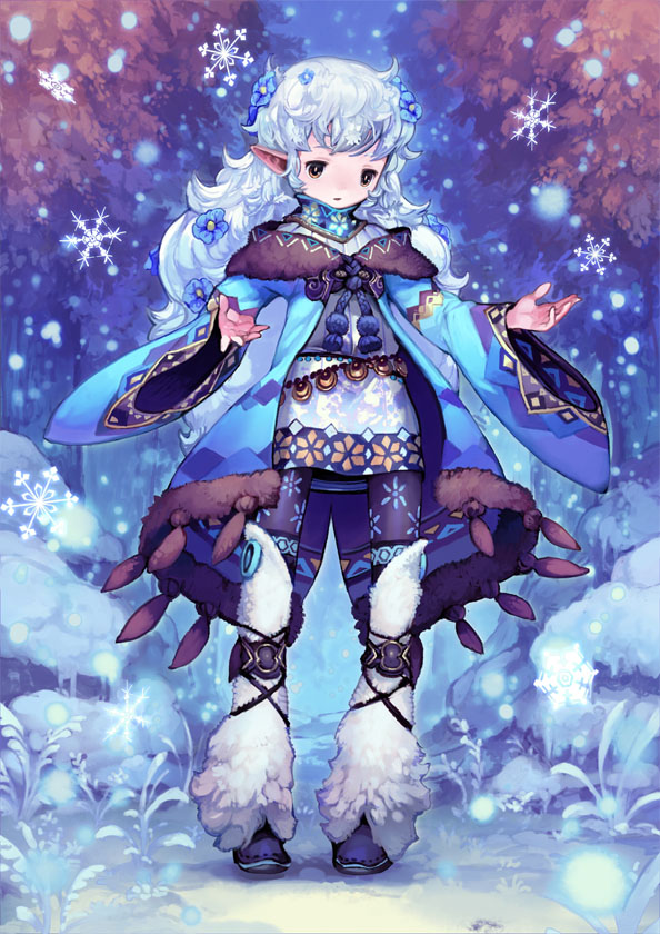 a cute anime girl with white hair, blue eyes, and a white fur coat is standing in a snowy forest. she is surrounded by a magical aura, and snowflakes are falling around her. the scene is full of wintery charm and fantasy.