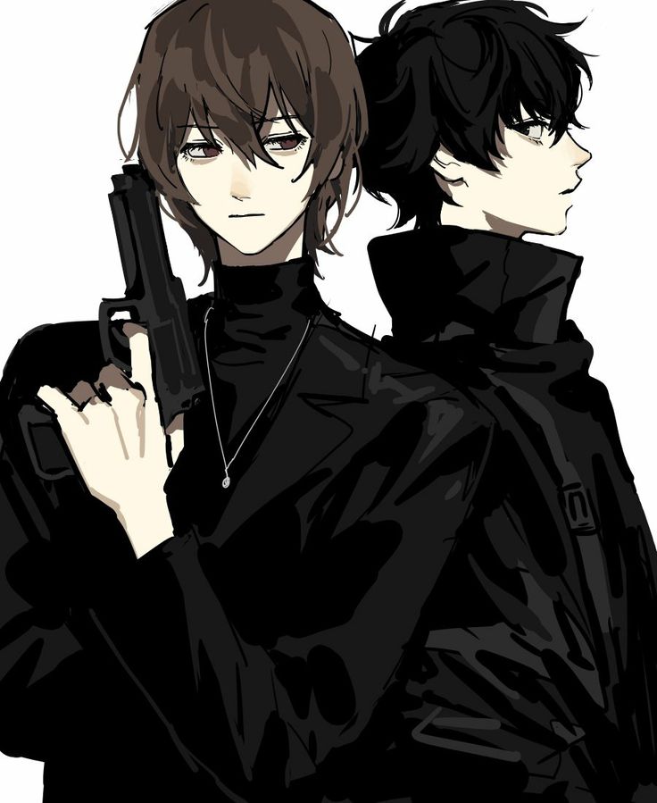 the image is a digital drawing/fanart depicting two animestyle male characters standing close together.  they are both wearing dark, stylish coats or jackets and have serious expressions. one character holds a handgun.  the art style is relatively dark and edgy, with a focus on sharp lines and shading to create a mysterious atmosphere. the color palette is predominantly black and dark gray. the overall impression is one of coolness and intrigue.