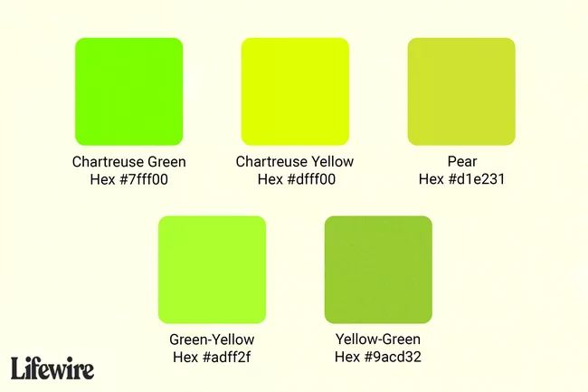 the image displays five different color swatches with their corresponding names and hex codes. the colors, arranged in two rows, include chartreuse green (#7fff00), chartreuse yellow (#dfff00), pear (#d1e231), greenyellow (#adff2f), and yellowgreen (#9acd32). the lifewire logo is in the bottomleft corner. the background is light tan.