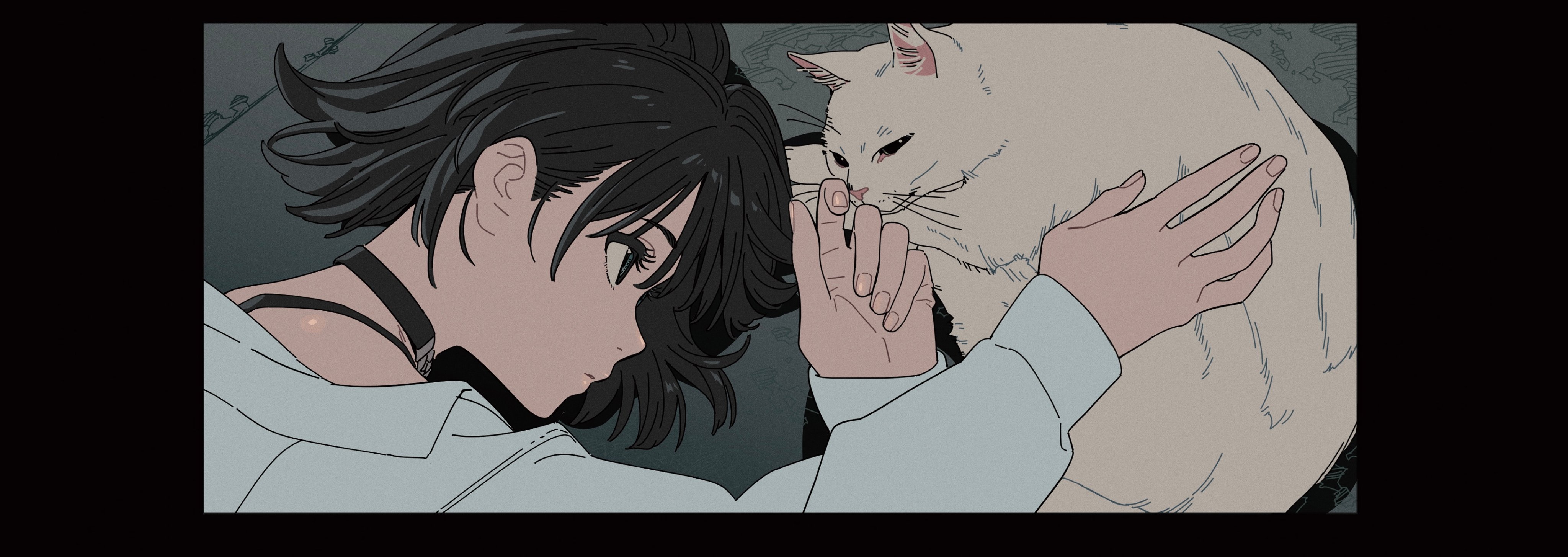 the image is a stylized anime or mangastyle illustration depicting a young woman with short dark hair embracing a white cat. the woman is wearing a lightblue, loosefitting shirt and a dark choker. her expression is gentle and peaceful as she holds the cat close. the art style is characterized by soft lines and muted colors, creating a calm and intimate atmosphere.  the background is dark and somewhat indistinct, focusing attention on the figures in the foreground.