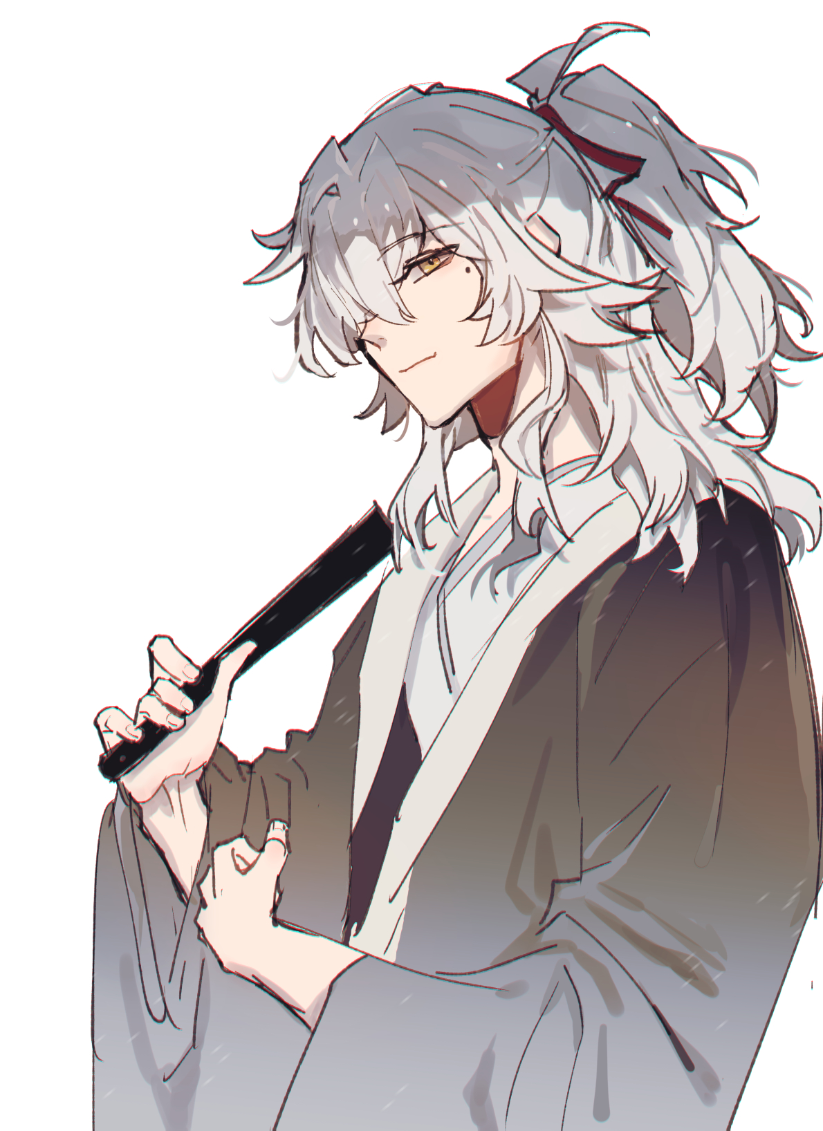 a digital illustration of an animestyle boy with long, flowing white hair tied back in a ponytail. he's wearing a flowing black robe over a white undershirt and he is holding a black fan in his right hand. his eyes are narrowed and he has a serious expression on his face. the background is white.