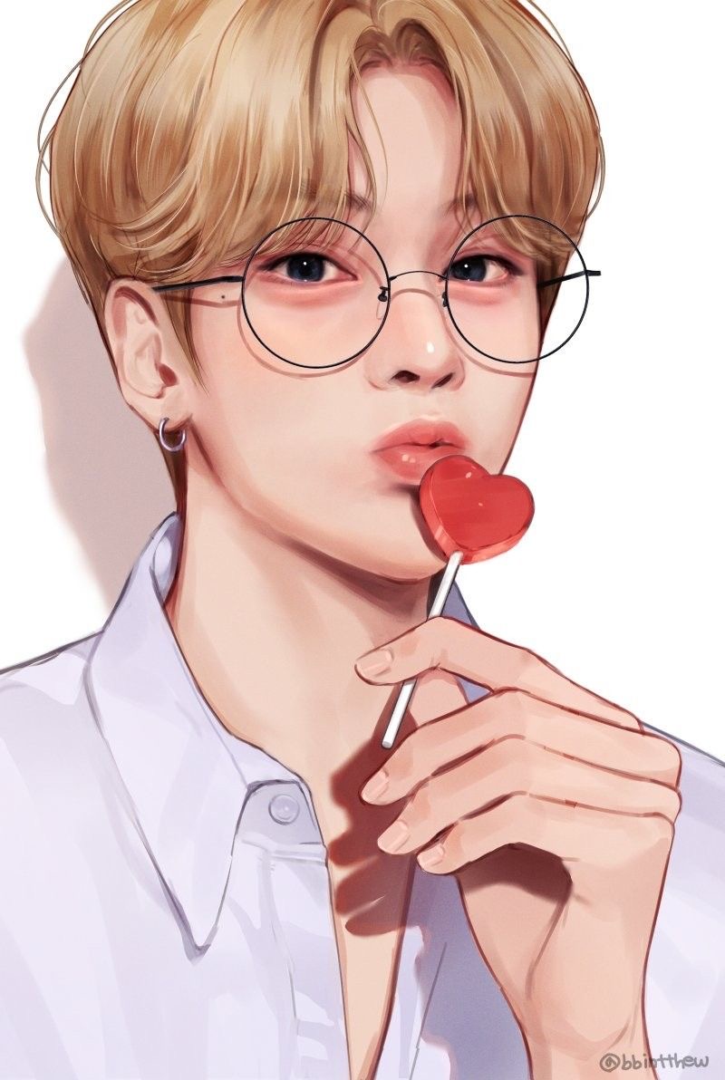this is a digital illustration of a young man with blonde hair and round glasses. he's wearing a white shirt and holding a red heartshaped lollipop in his mouth, gazing directly at the viewer with a soft, flirty expression. the art style is semirealistic with a focus on capturing a romantic and dreamy atmosphere.