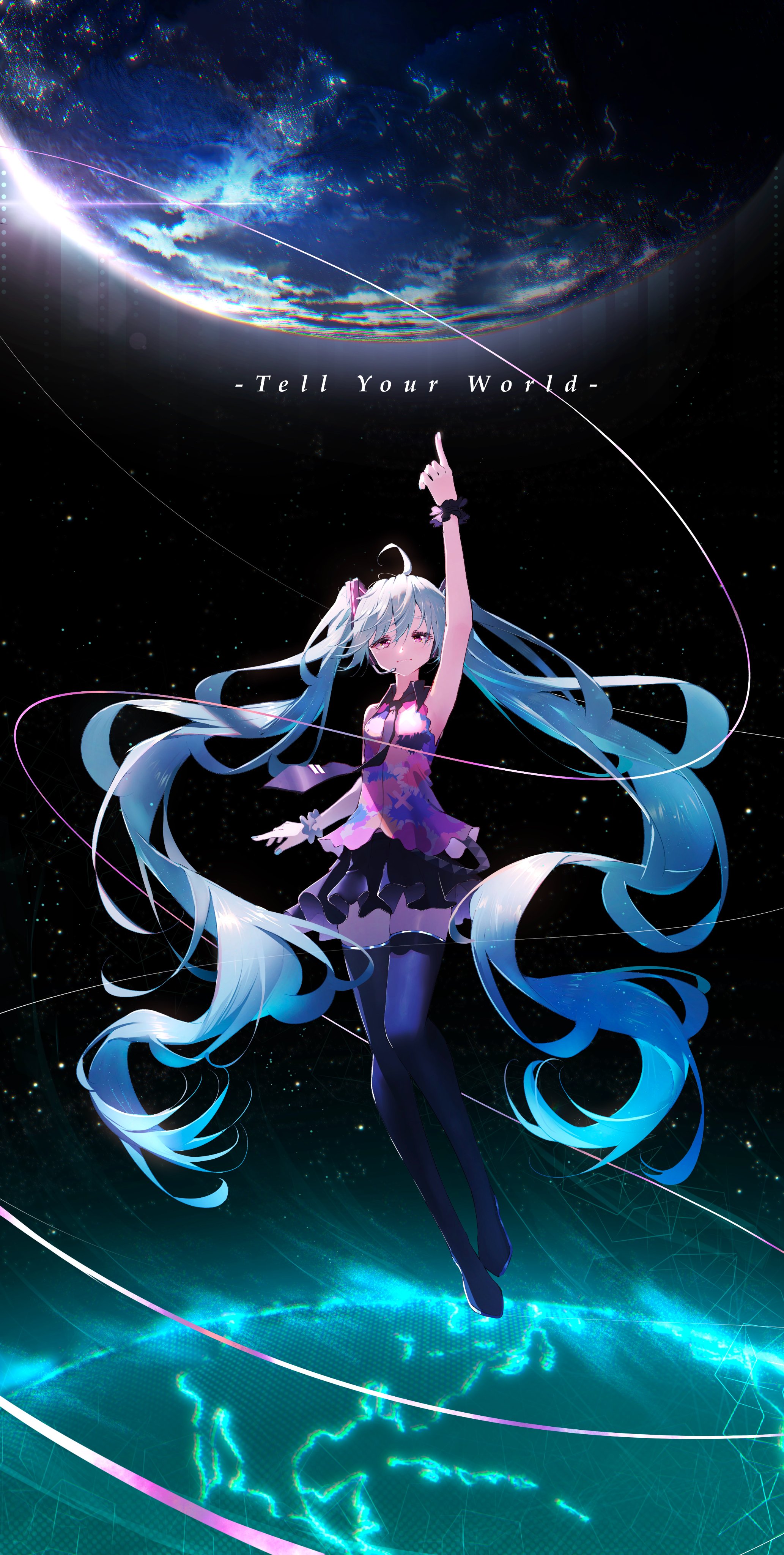 the image is a vibrant digital painting of hatsune miku, a popular japanese virtual singer. she's depicted floating in space, her long, flowing turquoise hair extending outwards. she's pointing upwards toward a planet earthlike celestial body. the overall aesthetic is futuristic and fantastical, with neon colors and glowing lines creating a dynamic and eyecatching composition.  the words "tell your world" are subtly placed in the background, possibly referencing one of her popular songs.  the style is consistent with anime and digital art, with emphasis on striking color and dynamic posing.