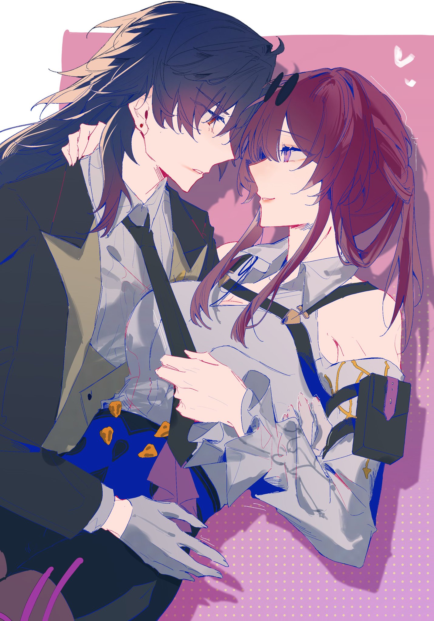 the image depicts an anime couple embracing each other. the girl has long, flowing purple hair and is wearing a white shirt, while the boy has long, dark blue hair and is wearing a black suit. they are both looking into each other's eyes and smiling, conveying a sense of love and affection. the background is a soft pink with small white dots, adding to the overall romantic ambiance. the art style is digital and vibrant, with soft lines and bold colors.