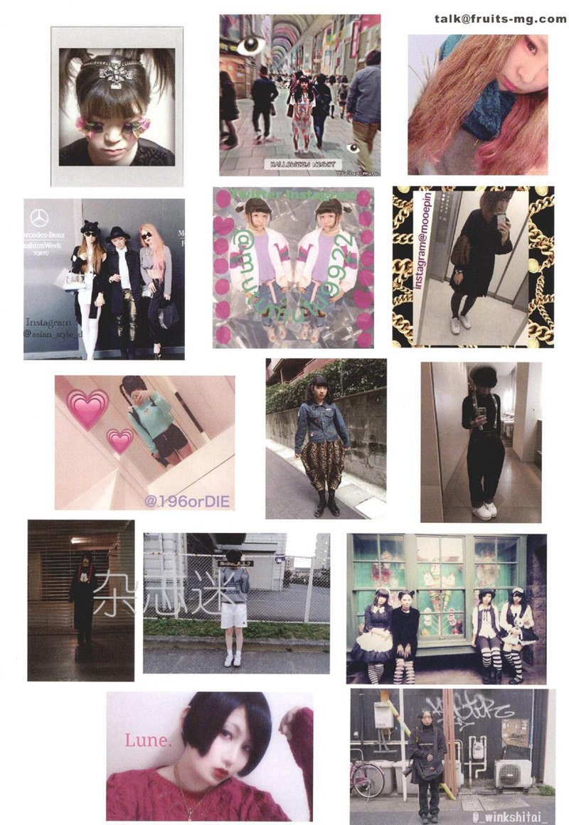 a collage of 16 square photos showcasing japanese street fashion, likely gyaru or a related subculture. the images feature individuals and groups of stylish young women posing in various urban environments, including streets, shops, and elevators.  the collage highlights the diversity and creativity of their fashion choices, with bold colors, patterns, and accessories. the overall aesthetic is playful, edgy, and expressive.