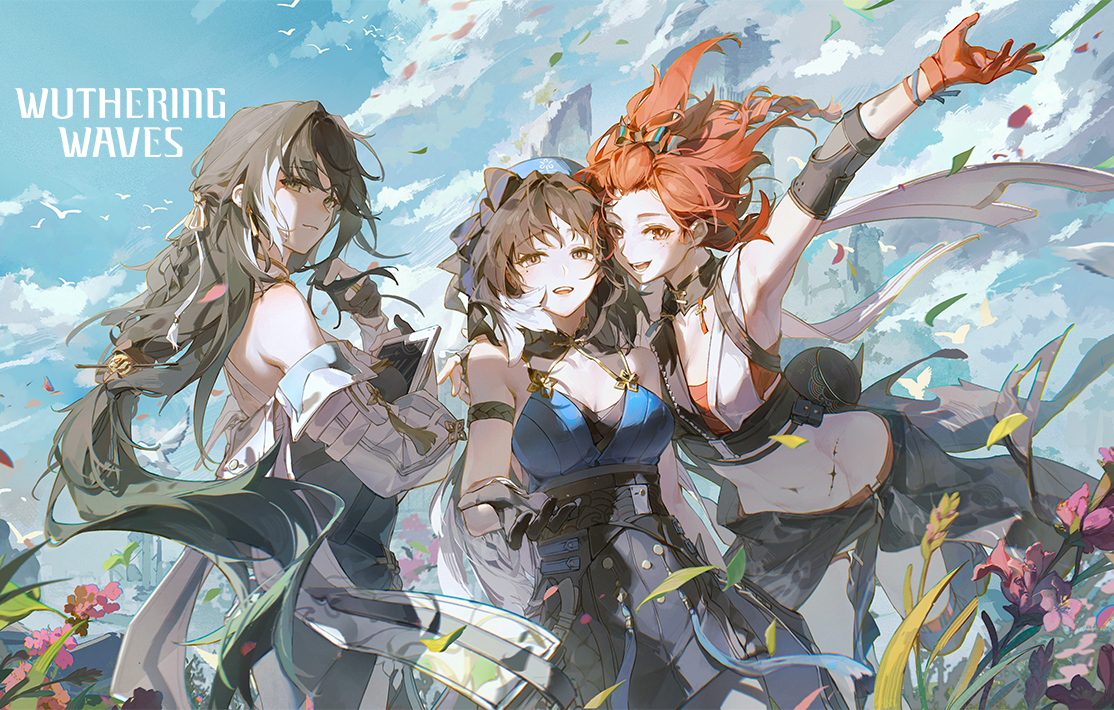 the image is a digital drawing featuring three female animestyle characters in a vibrant outdoor setting. they appear joyous and connected, with one character reaching towards the viewer. lush greenery, distant mountains, a partly cloudy sky, and scattered butterflies create a sense of adventure and freedom. the overall palette is bright and warm, with soft lighting enhancing the cheerful atmosphere.