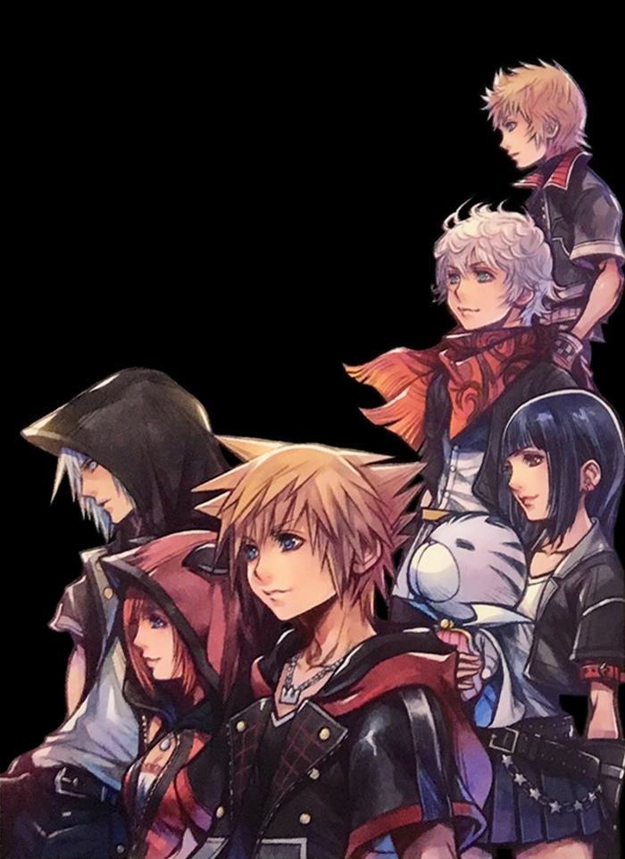 this illustration features six characters from the kingdom hearts video game series standing together against a black background. they are all stylized in an anime style. from left to right: roxas, xion, riku, sora, kairi, and axel. the characters are illuminated by soft lighting from above, creating a sense of camaraderie and unity.