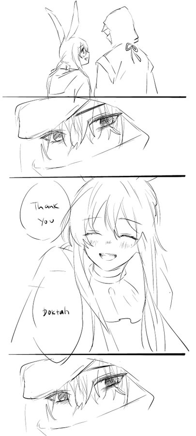 the image is a mangastyle drawing depicting a series of panels showing the interactions between two characters. the first panel showcases two characters, one with rabbit ears and the other in a hooded cloak, appearing to be in conversation or perhaps sharing a moment of camaraderie. the subsequent panels focus on a closeup of a girl's face, first with a thought bubble saying "thank you" and then "doctor." the final panel shows another character, with the focus again on their eyes. the image suggests a heartwarming narrative, likely involving gratitude and perhaps a positive resolution to a situation. the soft, sketchy style of the drawing adds to the feeling of intimacy and tenderness within the scene.