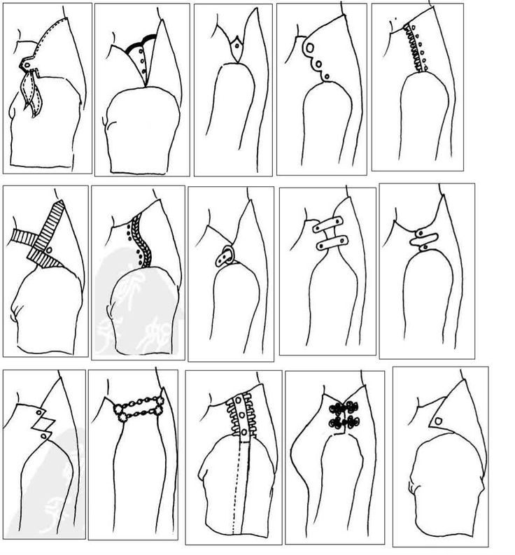 the image presents a collection of technical drawings illustrating various garment closures and fastener designs on different parts of clothing items, such as bodices, sleeves, and dresses. the illustrations feature different types of closures, including ties, buttons, clasps, toggles, straps, belts, buckles, hooks, eyelets, and corsetstyle fastenings. each drawing showcases the closure in a stylized manner, providing a visual reference for fashion design or garment construction. the style of the drawings is line art with no shading or color, making them suitable for technical illustrations.