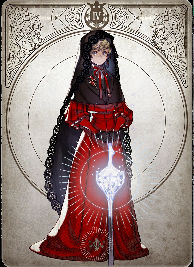 he image depicts a stylized illustration of a young person, likely male, dressed in ornate religious attire resembling a cardinal's garb. he stands within a decorative frame reminiscent of a tarot card, specifically marked with the roman numeral "iv". the figure holds a glowing staff, its design incorporating elements like chains and a crown. his solemn expression and the detailed garments create an atmosphere of mystery and solemnity, suggesting themes of power, tradition, and perhaps a connection to the divine.