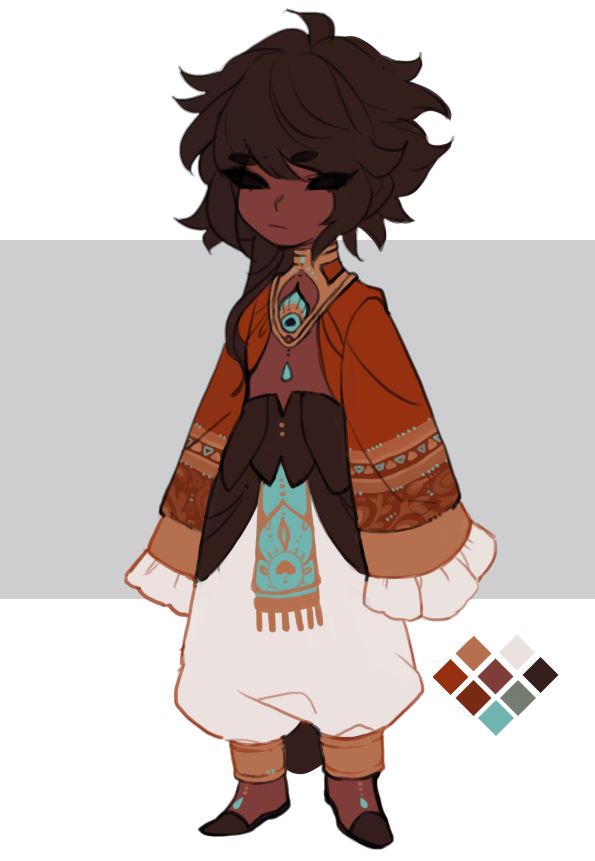 a digital illustration of a young girl, animestyled with large blue eyes, long brown hair and a colorful outfit in the style of fantasy fashion. the girl has on a bright orange jacket with a black vest underneath, white pants, a blue and gold scarf, and brown boots.  a color palette of the artwork is displayed on the right. the background is gray.