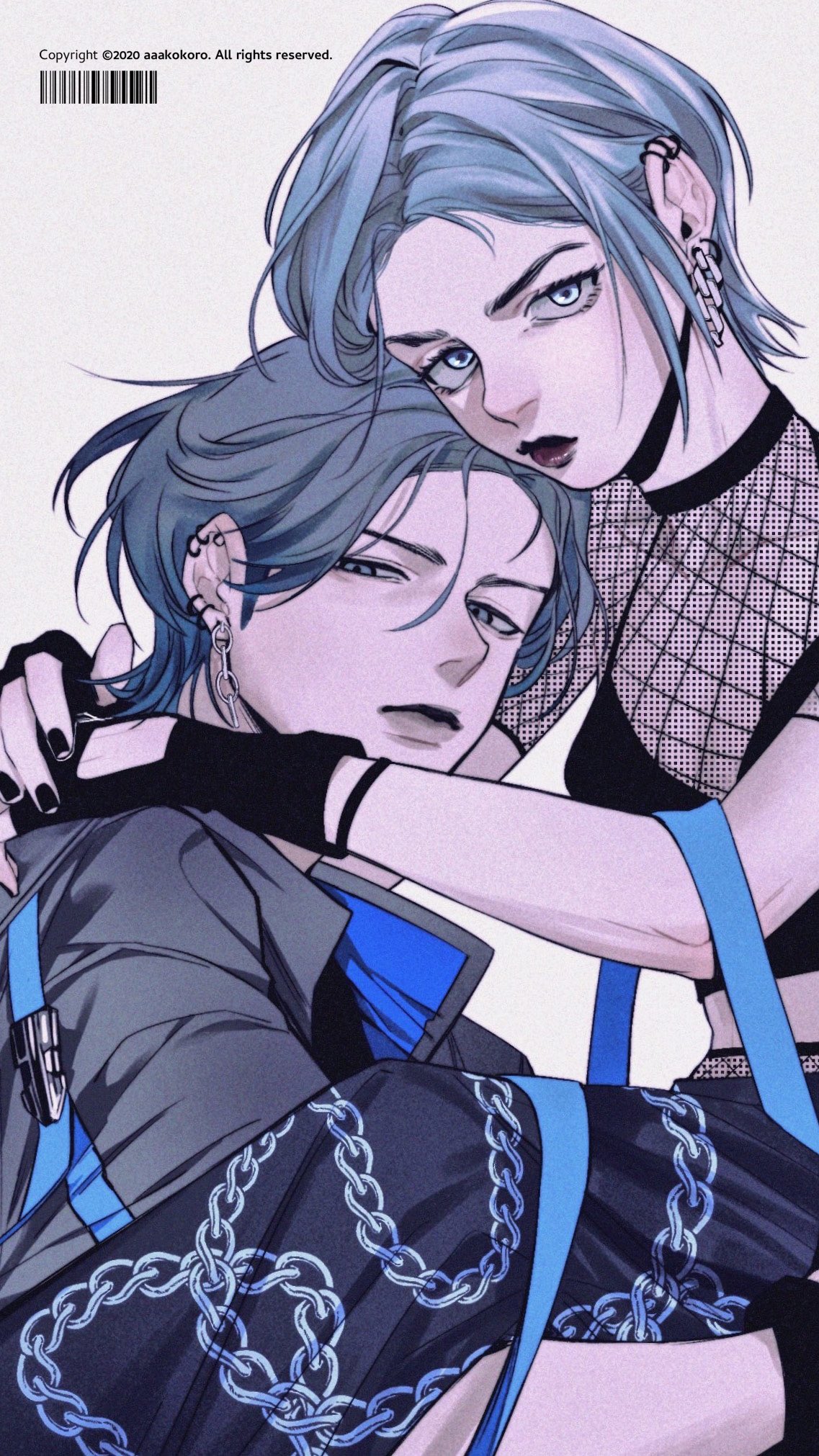 the image depicts a stylishly drawn portrait of a young couple in a close embrace. the woman, with striking blue hair and dark attire featuring fishnet and chains, rests her head on the man's shoulder.  he, also with blue hair, sports a more casual look with a jacket adorned with chains. the art style is modern and edgy, emphasizing their cool and fashionable appearances. the soft lighting accentuates their features and creates an intimate atmosphere.