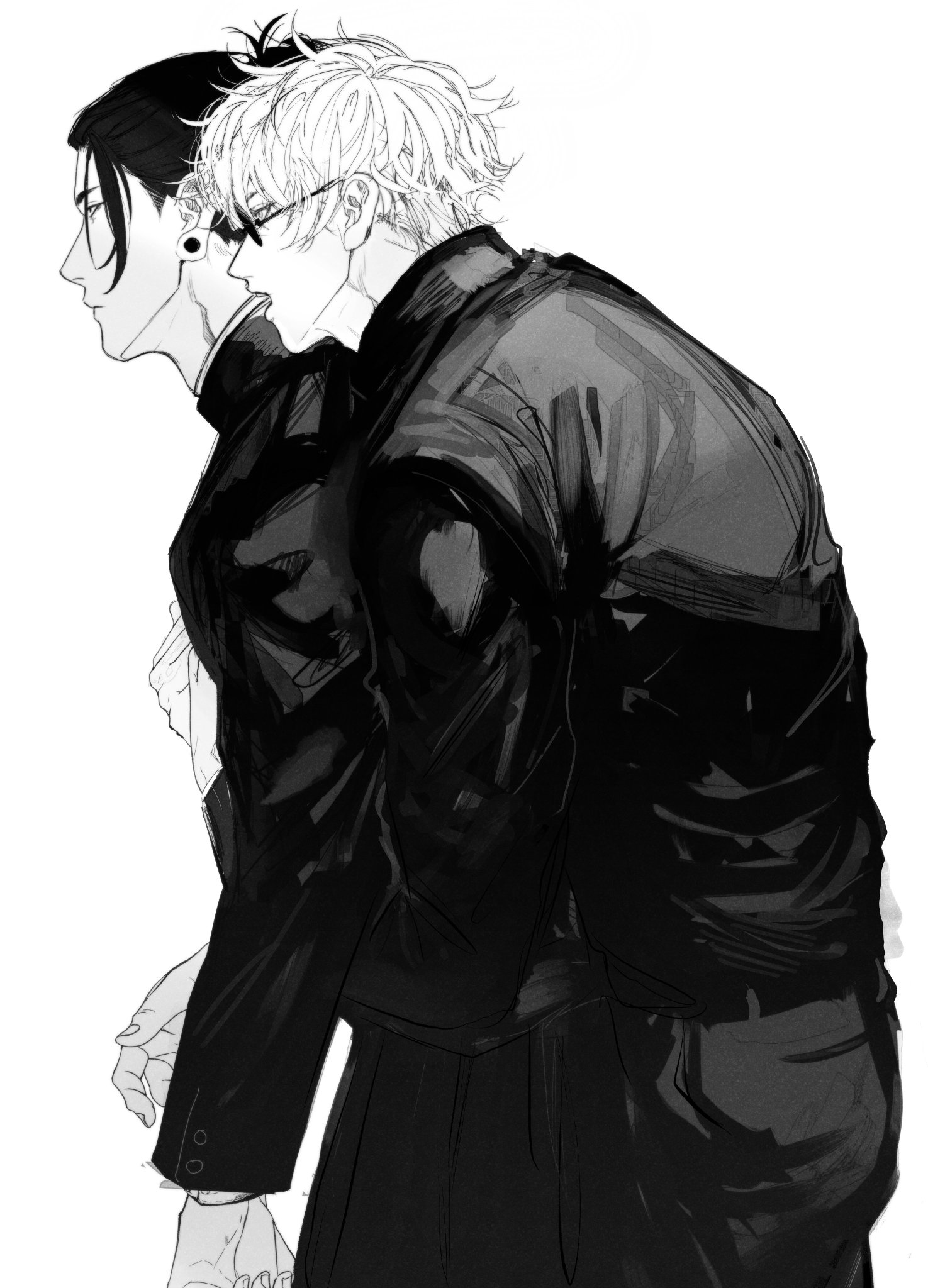 the image is a black and white drawing of two anime characters, one with black hair and the other with white hair, both wearing jackets and looking down. the character with the white hair is wearing glasses. the drawing has a lot of shading and shadow, and the characters are positioned side by side.