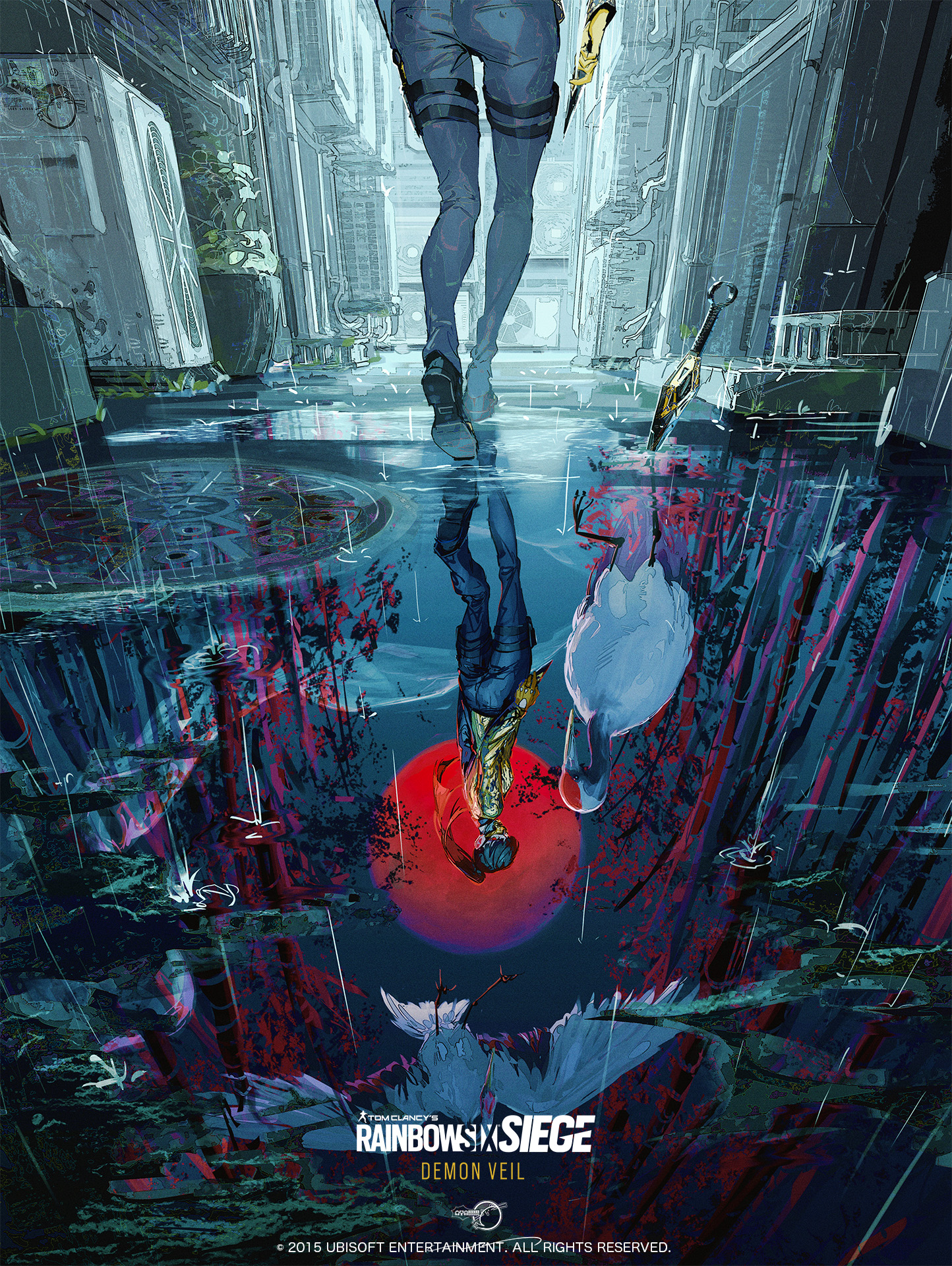 a poster for the video game rainbow six siege featuring the operator demon veil. the image is a stylized illustration of the operator walking through a futuristic urban environment with her reflection in a puddle of water. the image is framed by the operator's silhouette, which creates a sense of mystery and intrigue. the colors are vibrant and bold, and the overall effect is dramatic and atmospheric. the poster also includes the rainbow six siege logo and the title of the operator, demon veil.