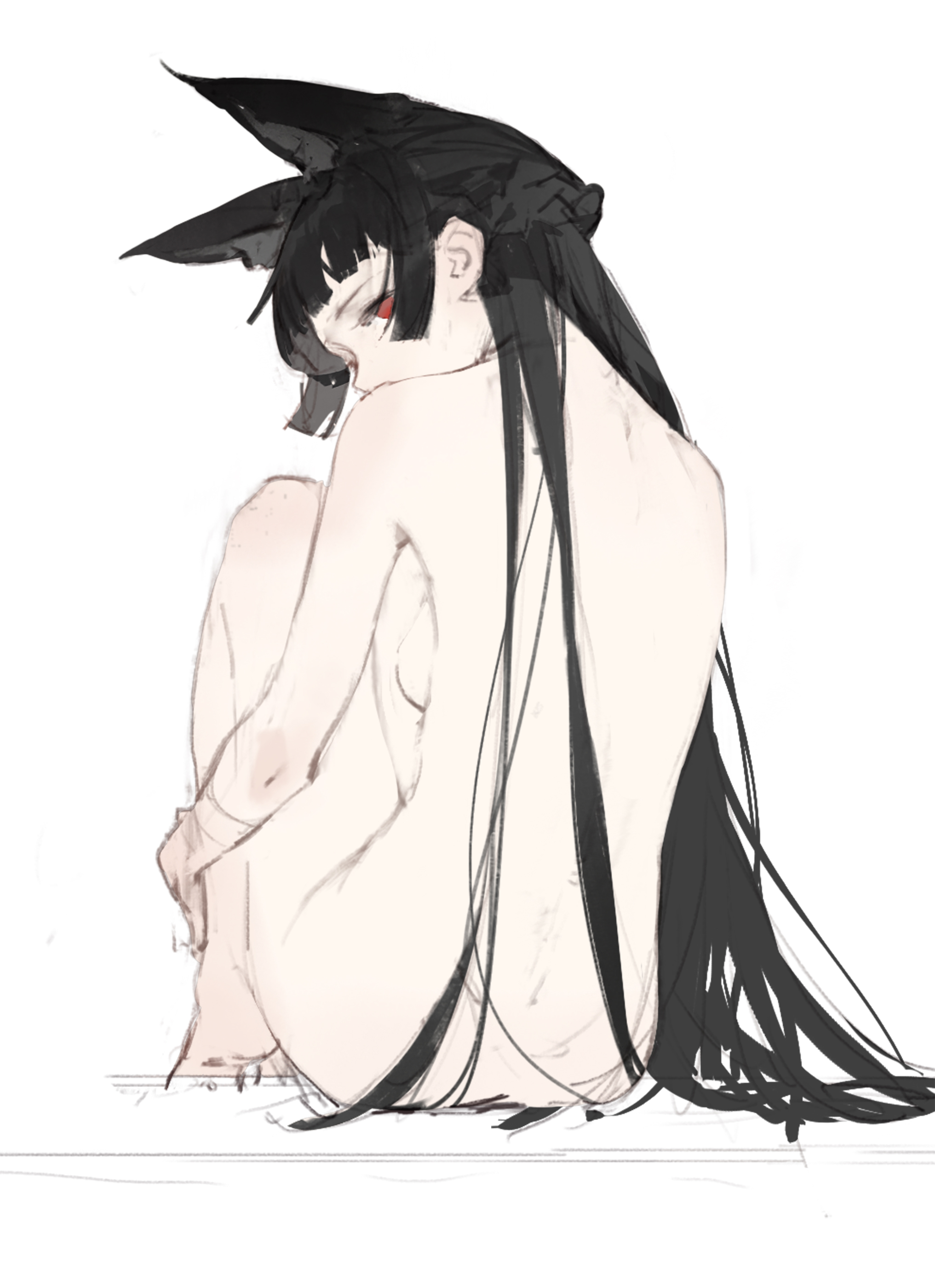the image is a digital painting or illustration of a young woman, possibly an anime character. she is depicted sitting with her back to the viewer, her long black hair cascading down.  she has distinctive cat or bunny ears and her expression is somewhat melancholic or sad. her skin is pale and the overall style is minimalist and slightly ethereal, with a soft and subtle use of light and shadow. the artwork conveys a sense of vulnerability and introspection. the coloring is muted, mostly greyscale with hints of light tones.