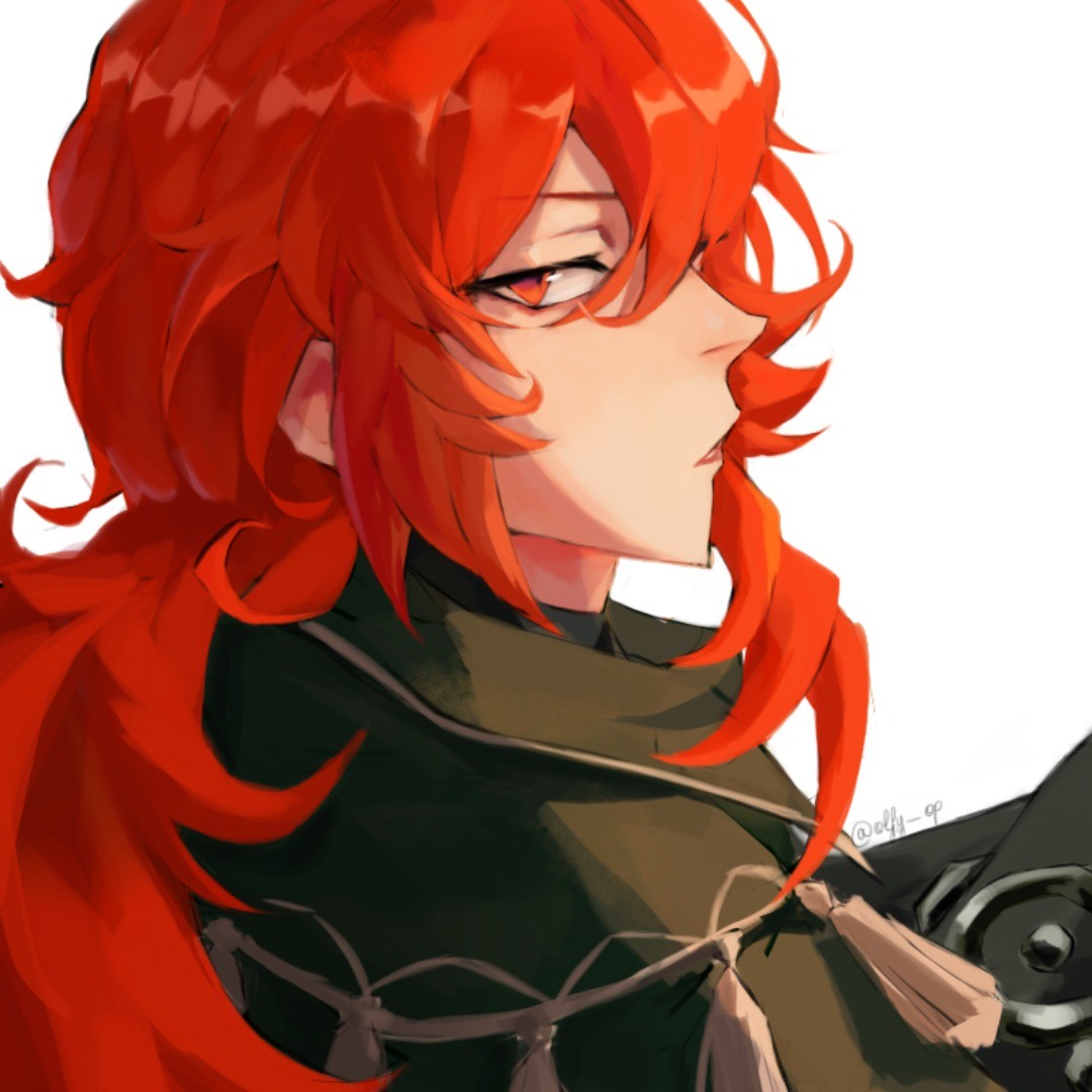 he image is a digital fanart depicting a male anime character with vibrant, long red hair. he is shown in a side profile view, his gaze directed away from the viewer.  his expression appears somewhat serious or pensive. he is wearing dark, stylish clothing that appears to have some intricate details. the artwork is highly detailed, with vibrant colors and a focus on the character's hair and expression. the style is reminiscent of modern anime and digital painting. the background is simple, providing focus on the character.