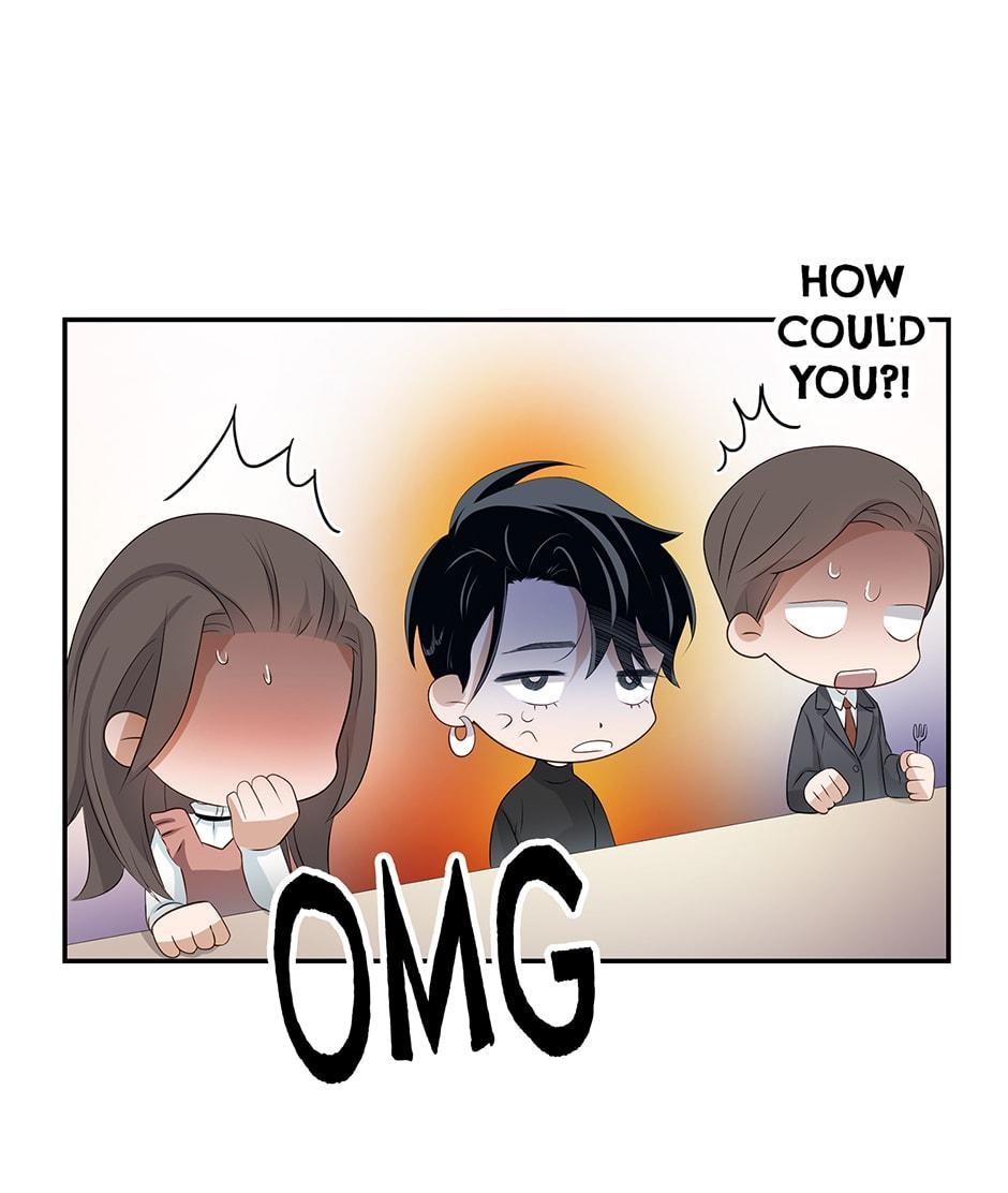 the image is a panel from a likely manhwa (korean comic) or similar style of webtoon. it shows three stylized chibi characters, a young woman, a young man, and an older man, seated at a table. the young woman has her hands to her face, showing a shocked expression. the young man has a similarly surprised look, while the older man looks exasperated or angry.  a speech bubble above the older man exclaims, "how could you?!" indicating a conflict or surprising revelation.  the word "omg" is prominently displayed below the characters, emphasizing their shocked reactions. the art style is expressive, with exaggerated features and poses, and uses a warm color palette.