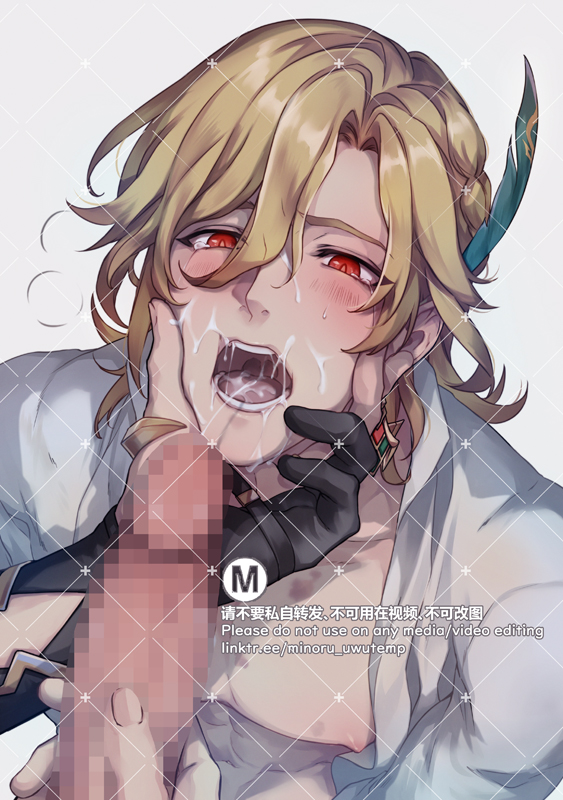 the image is an anime drawing of a male character with blonde hair and a white shirt. he is blushing and has his eyes closed. his mouth is open, and he is drooling. a hand is reaching into the image, and a finger is in his mouth.  his earring is a feather.  the image is censored.