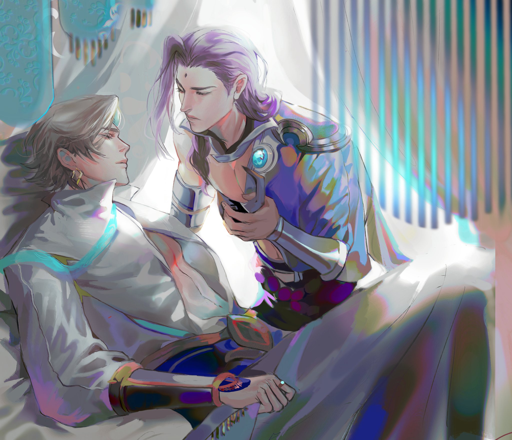 the image is an anime illustration of two male characters. the one on the right is leaning over the other, who is laying on the bed. they are both dressed in white, blue, and purple clothes, and the character on the right has purple hair. the character on the left has silver hair. the image is set in a room with a soft, light background. the characters appear to be in a hospital bed, with one character taking care of the other. the image has a romantic and affectionate vibe.
