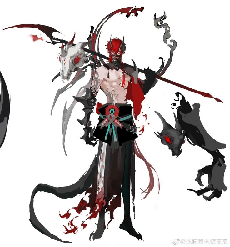 a digital illustration of an anime male character wielding a scythe and wearing a mask and red and black clothing. he has a dark red demonic  hand reaching out behind him.