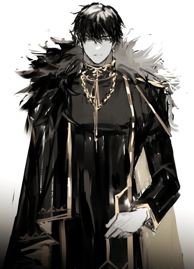 the image shows an anime character. he is a young man with black hair and black eyes. he is wearing a black suit with a gold chain. he has a black cape with gold trim and white fur. he is standing with a stoic expression, hands clasped in front of him. the background is white, and the character is drawn in a dark and dramatic style.