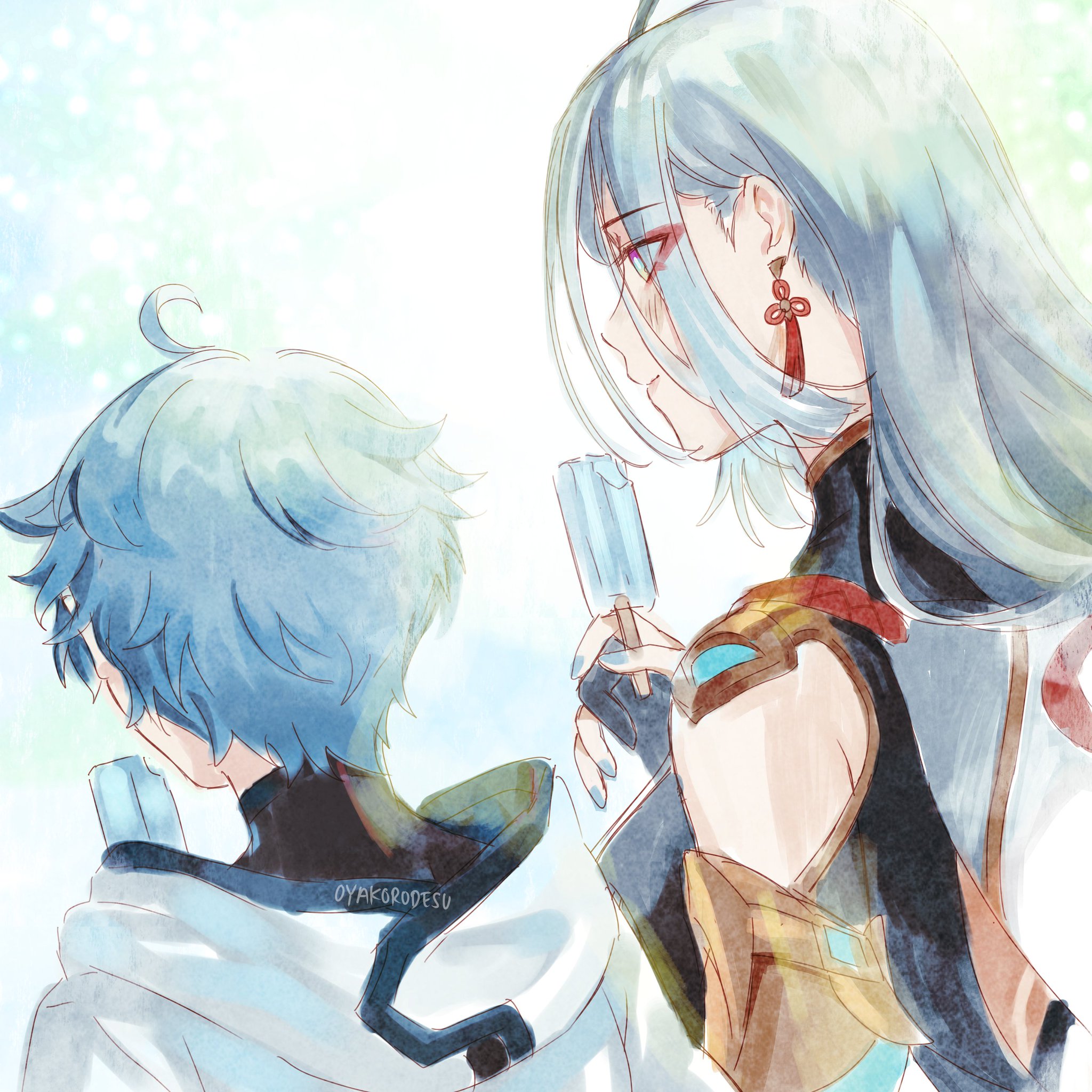 the artwork is an anime style drawing of two people enjoying popsicles. it's a young woman with long, flowing blue hair and the young man has short, messy blue hair. they are standing side by side with the woman on the right and the man on the left. the woman is holding a blue popsicle in her right hand, and has her left arm on her waist. her left hand is slightly visible. she is wearing a blue and brown outfit with a red sash and a black arm band. the man is holding a white and blue popsicle in his left hand.  his left hand is hidden but it is holding a light blue popsicle. he is wearing a white jacket with a black lining and a black arm band. the background is light blue with a hazy white effect, suggesting an outdoor setting.  the artwork is likely fanart of two characters from a fictional anime.