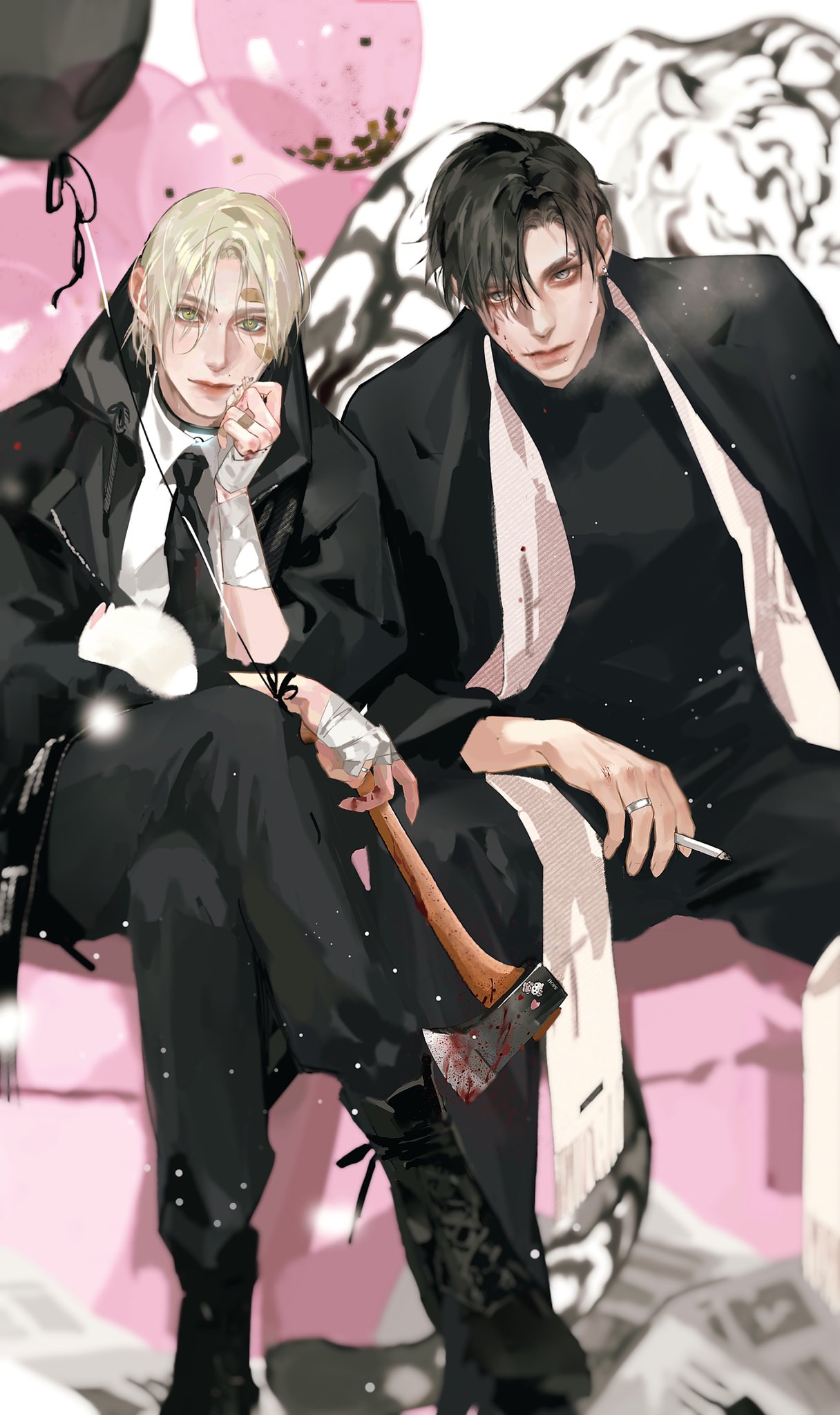 two anime boys are sitting on a pink background with balloons. one is wearing a black suit with a white scarf and the other is wearing a black coat with a white shirt and tie. the boy on the left is holding a bloody axe. they both have black hair. the boy on the right has black hair and the boy on the left has blonde hair. they look like they are at a party.